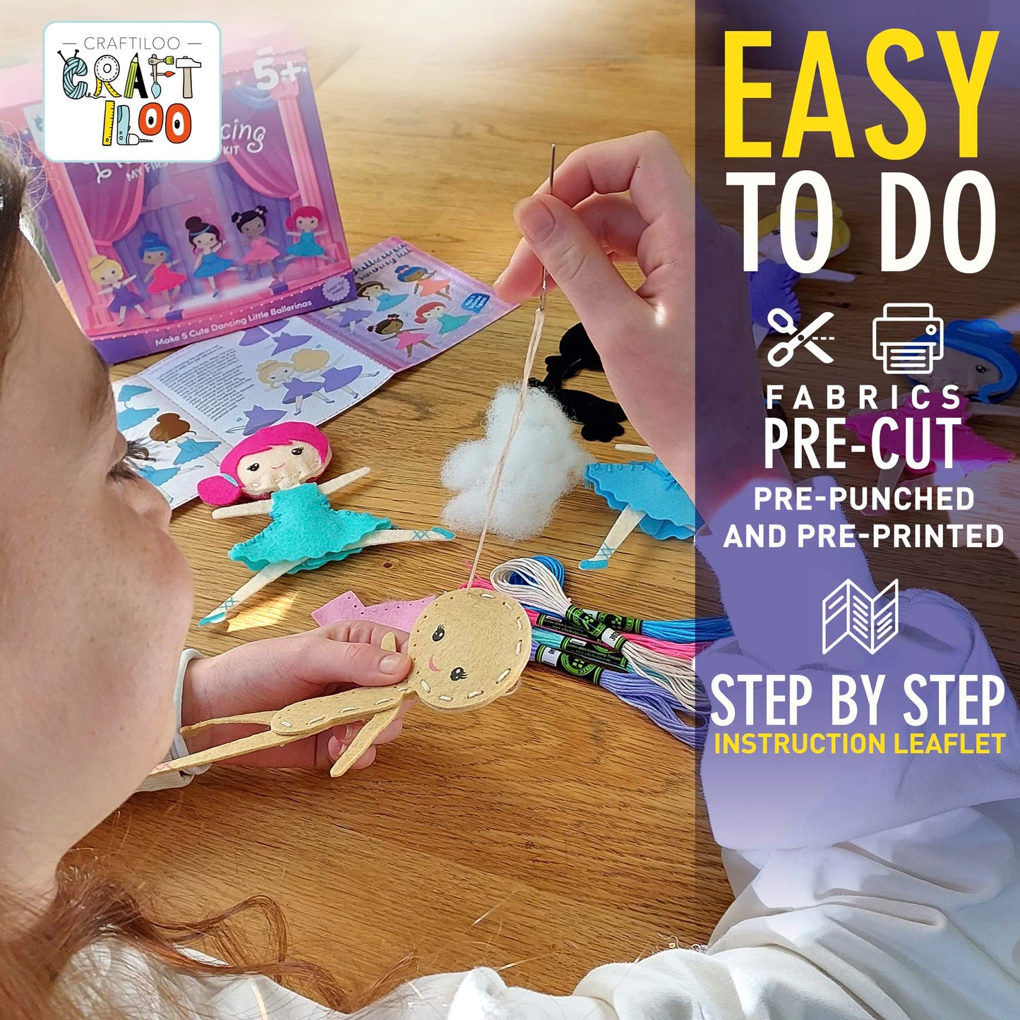 CRAFTILOO Ballerina Dancers Sewing Kit for Kids, Fun and Educational Craft Set for Boys and Girls Age 5-12, Sew Your Own Felt Ballerina Craft Kit for Beginners