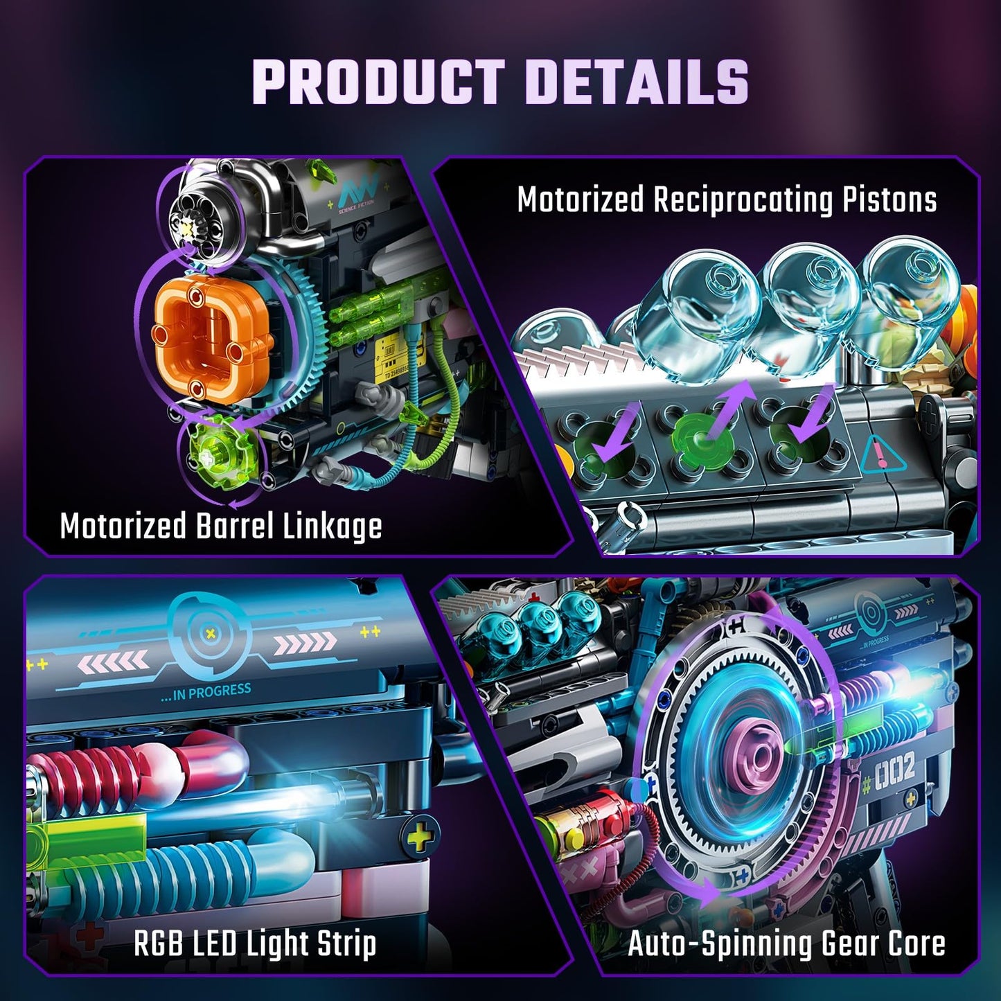 QiqoPoyee Cyberpunk Gun Building Set for Adults, Futuristic Mechanical Construction Kit with LED Lights, Sci-Fi Collectible STEM Toy Model Kit Gift for Teens Ages 8–12 and 14+ (1457PCS)