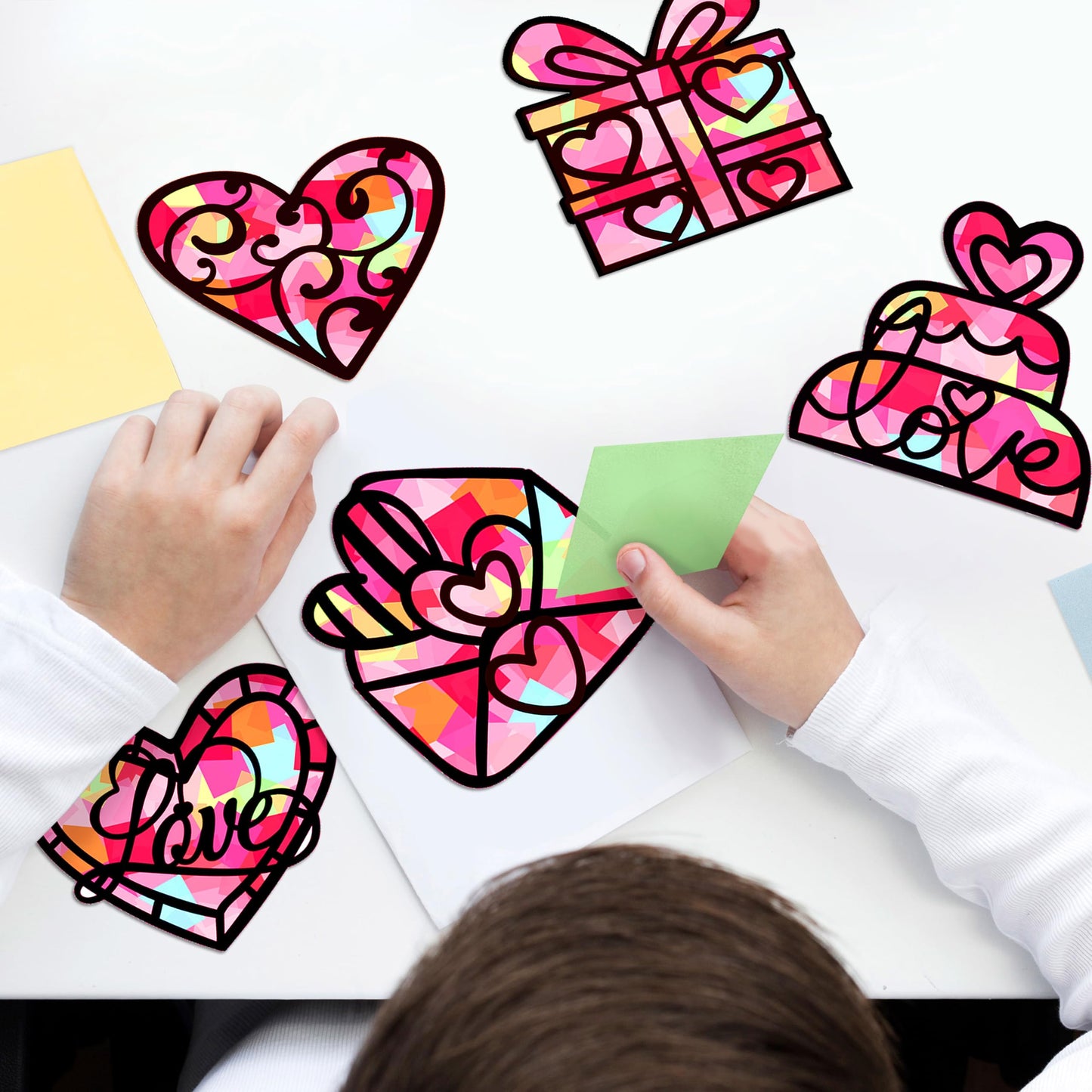 Renbuzhu 40PCS Valentines Day Crafts: Paper Heart Suncatchers, Christmas Valentine's Classroom DIY Kits, Window Stained Glass Effect Art Supplies