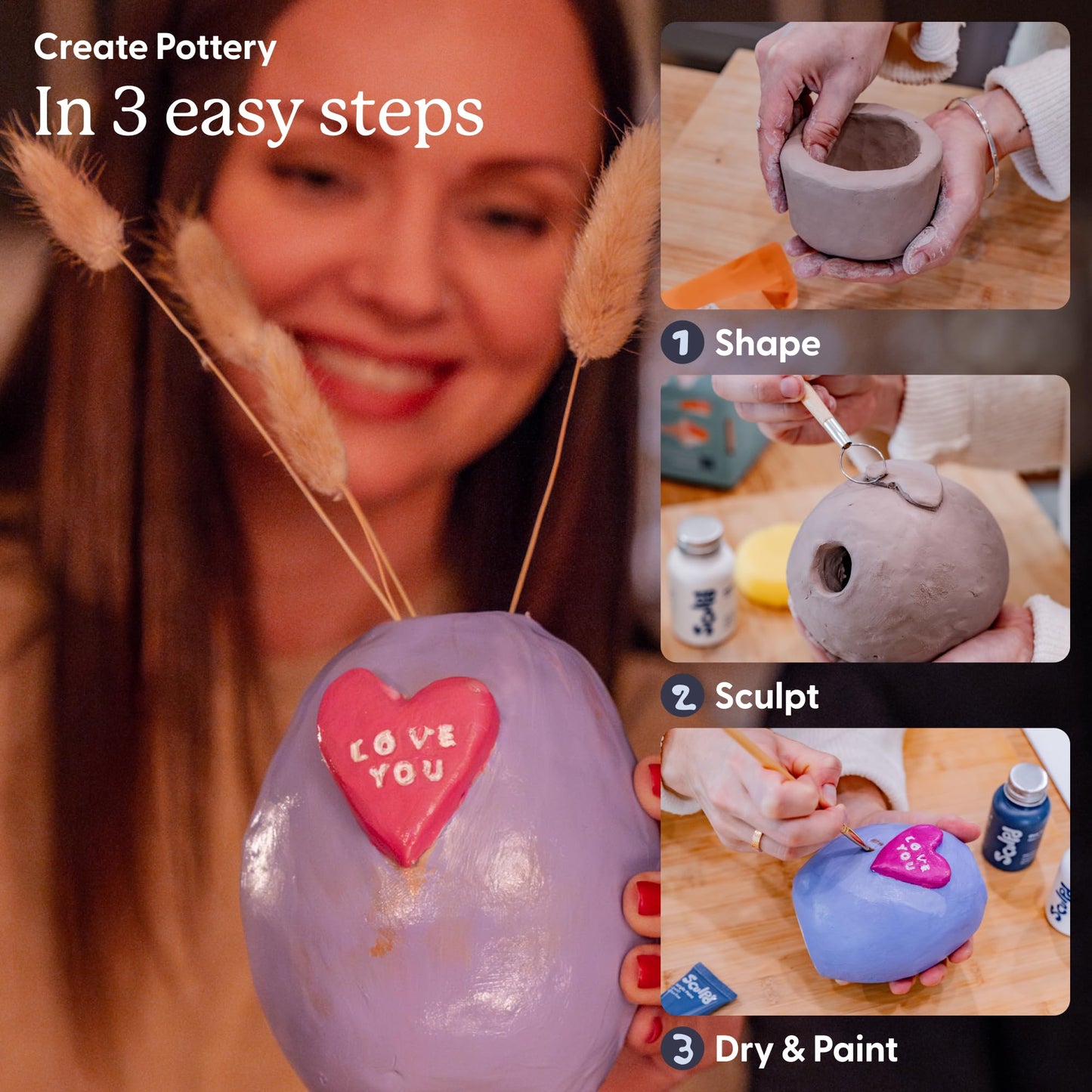Sculpd - The Original Pottery Kit for Adults - Air Dry Clay for Adults, Tools, Varnish, Brushes, Mother's Day Activities, Arts & Crafts Set, Gloss Varnish
