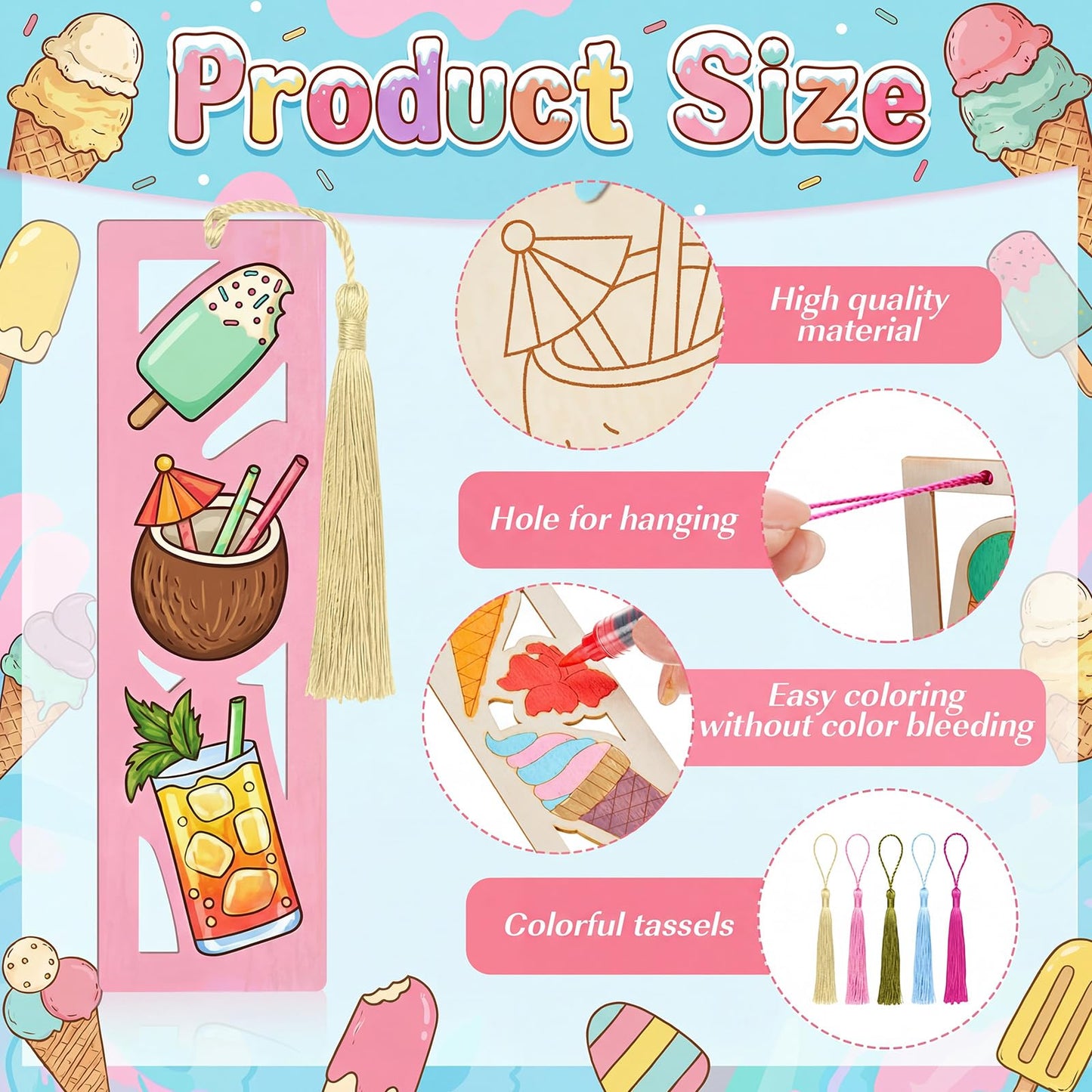 Yexiya 200 Pcs Ice Cream Color Your Own Bookmarks Kit, Summer DIY Coloring Blank Wooden Bookmarks, 100 Set Unfinished Bulk Hollow with Tassel Craft for Classroom Activities Birthday Party Favors Gift