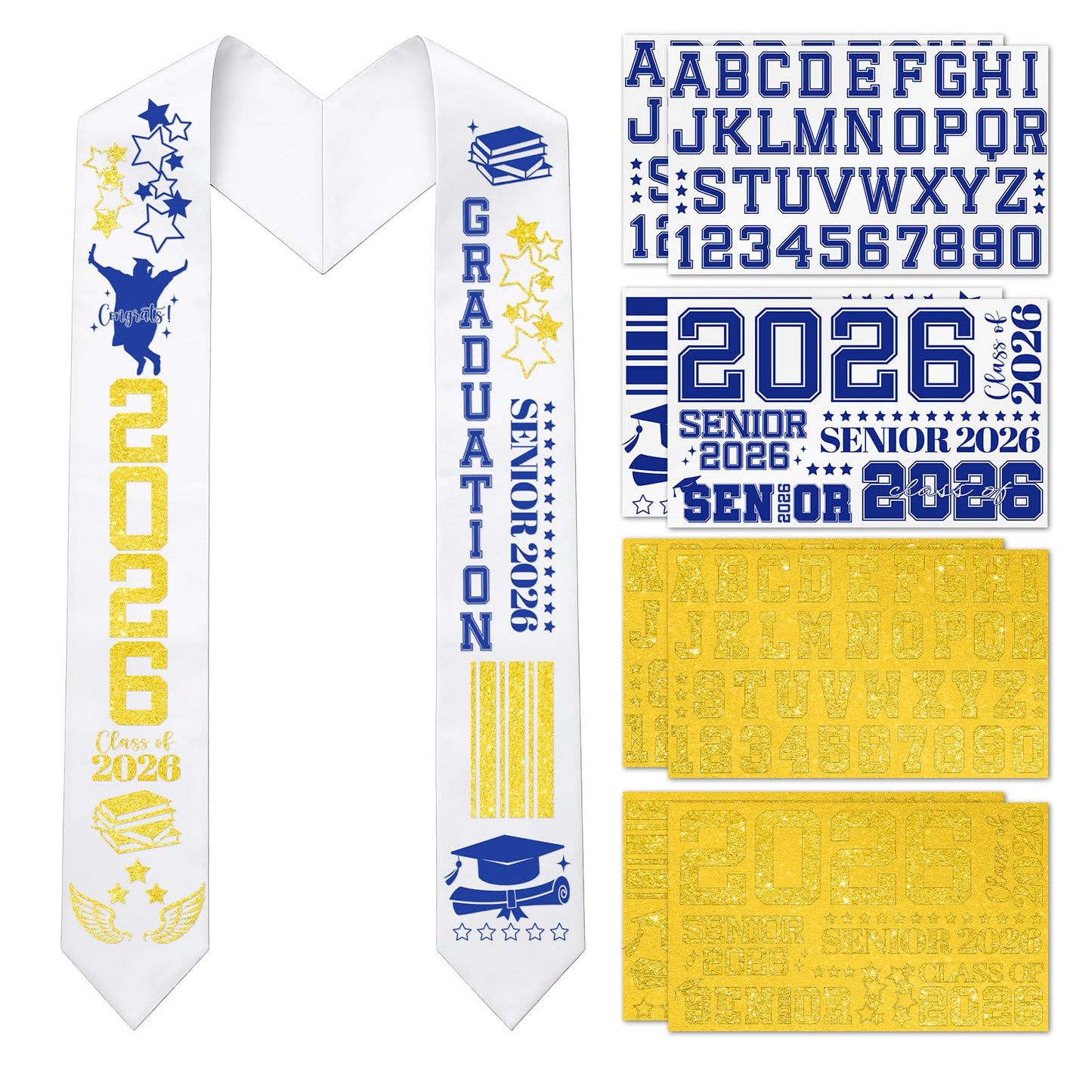 cosmisun Graduation Stole Class of 2026-9 Pcs Graduation Decoration 2026 with Iron on A to Z Letter 0 to 9 Number Patches, Unsex Grad Sash Decor Supplies for High School College (Blue Gold)