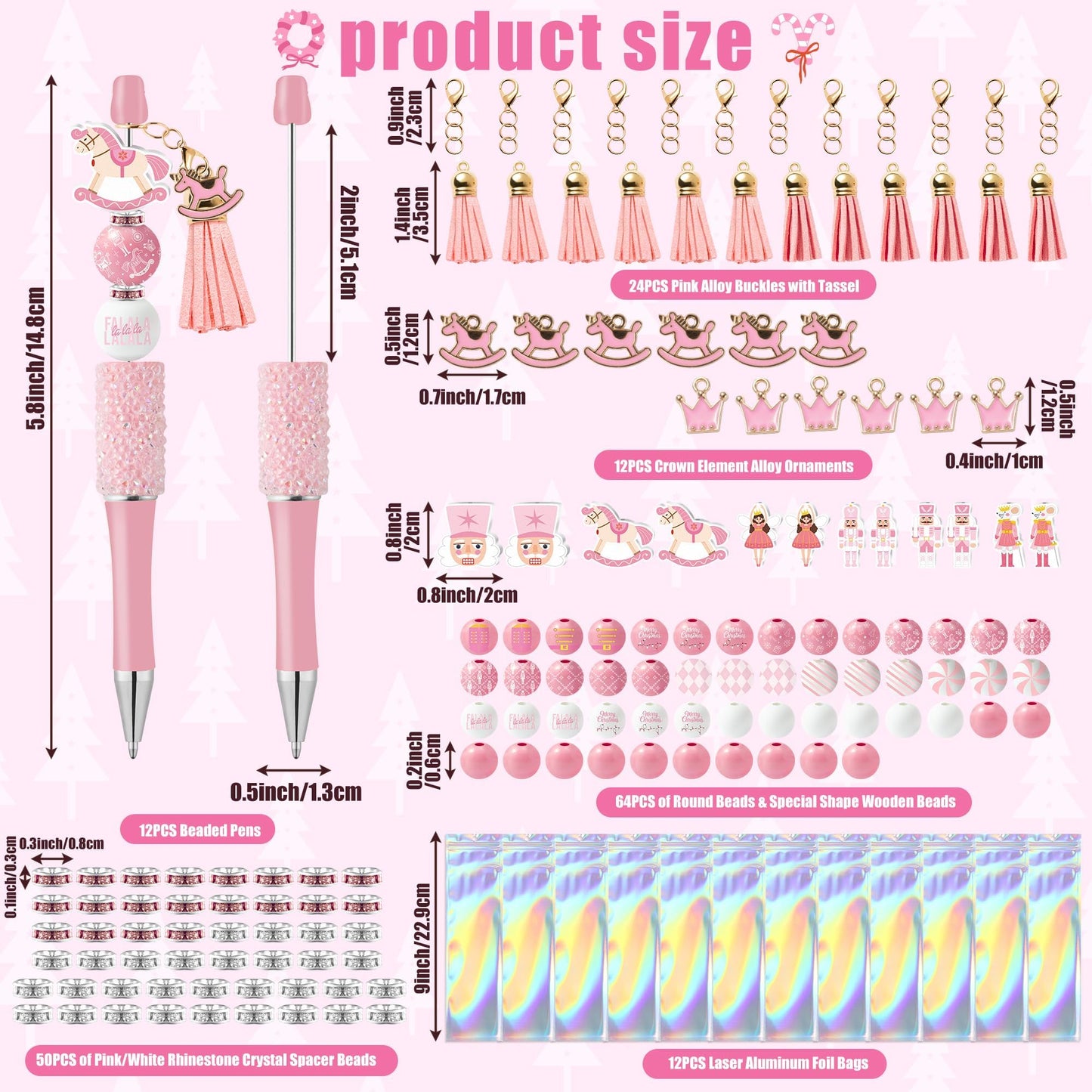 COcnny Christmas Nutcracker Beadable Pens - 12 Set Pink DIY Ballpoint Pen Making Kit with Bead Craft for Kids, Winter Beaded Pen Bulk Charm Tassel Supplies for Xmas Party Women School Students Gift