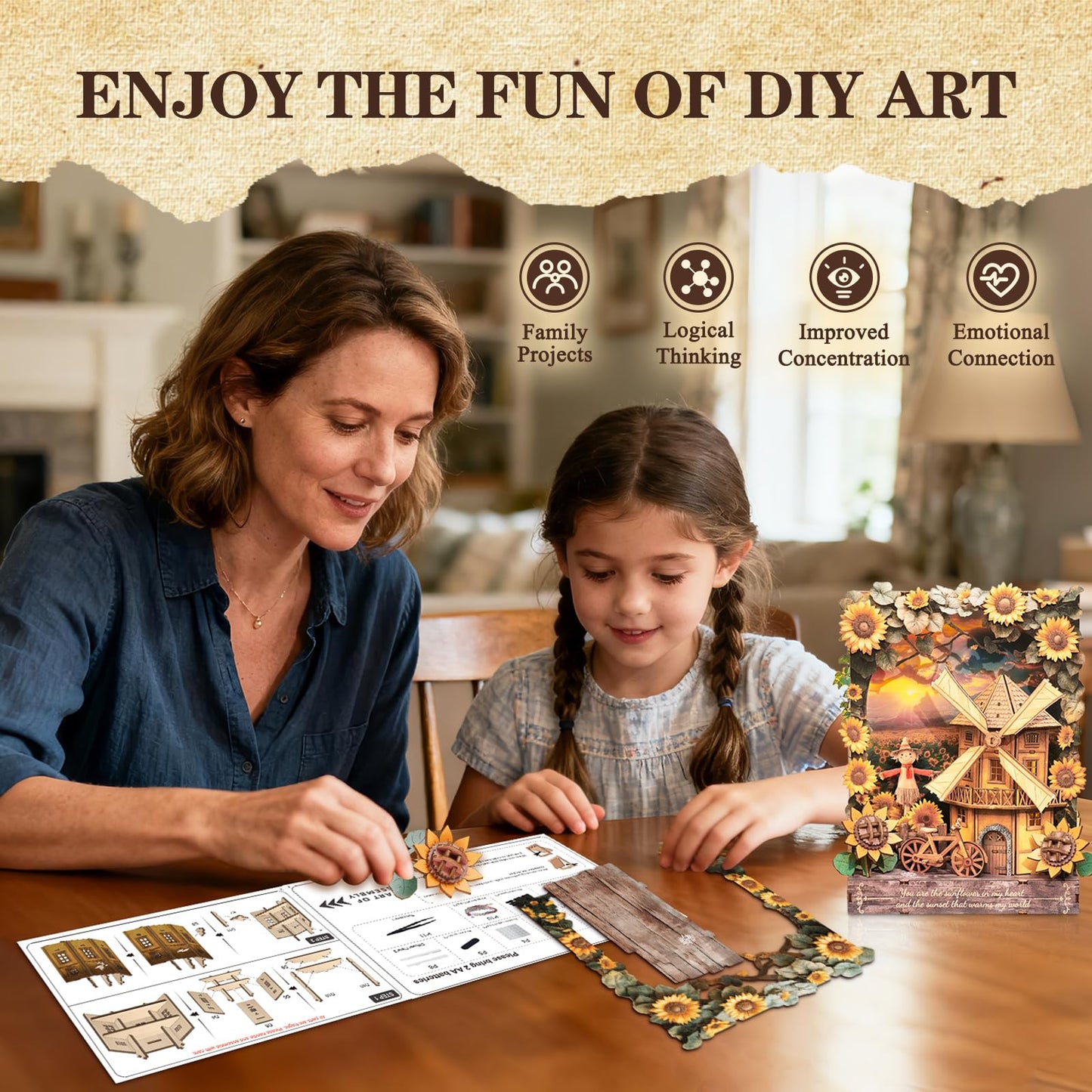Cutywood 3D Wooden Puzzles for Adults - Sunflower DIY Kits for Adults with LED Light, Desk Decor 3D Wall Art Model Kits for Adult Gift for Nature Enthusiasts