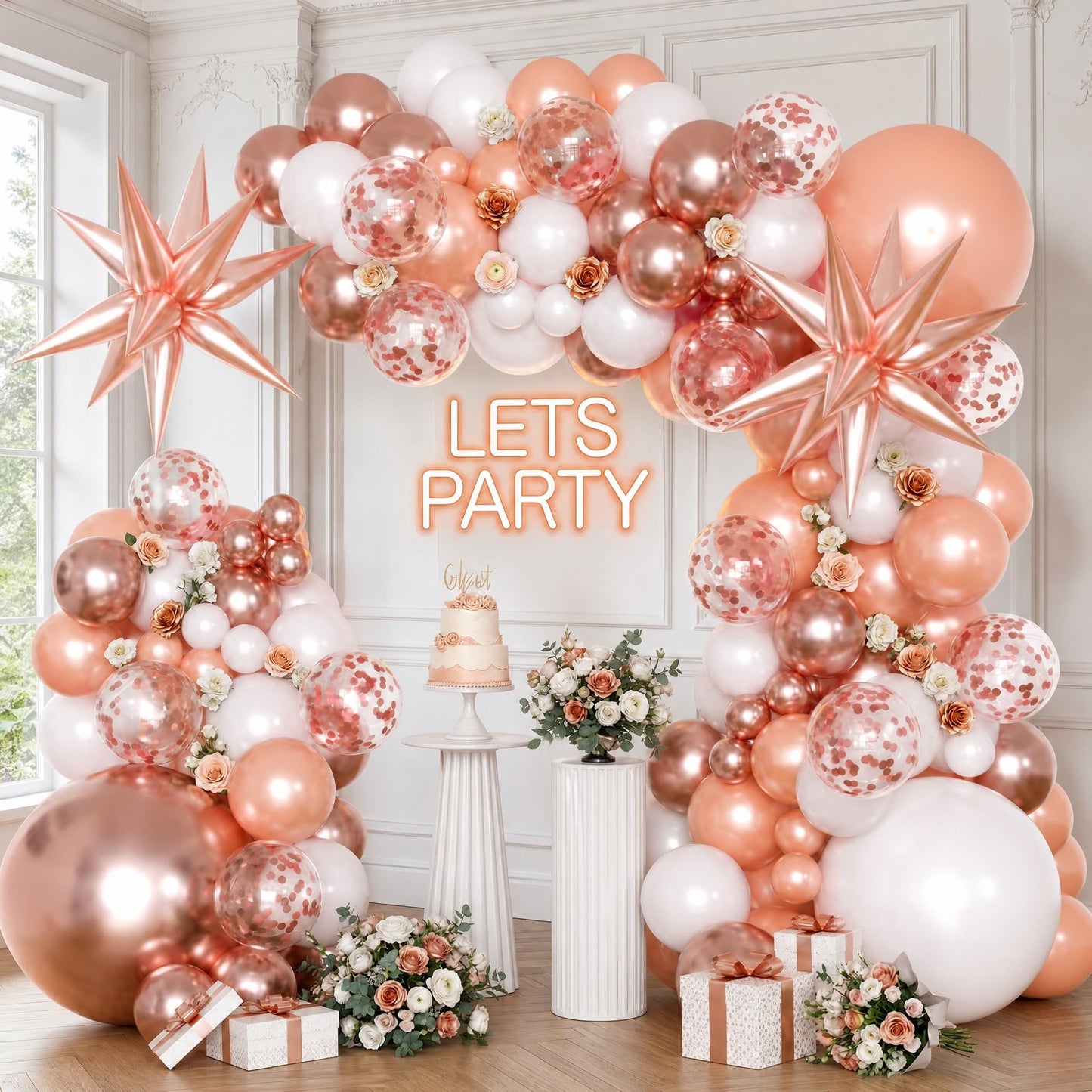 KARLURE Rose Gold Balloons Arch Kit Garland with Metallic Rose Gold Confetti Balloons for 2026 Graduation Decorations Prom Bridal Shower Birthday Baby Shower Wedding Anniversary Party Decorations