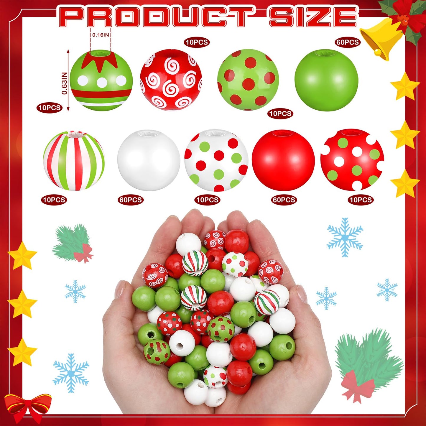 240 Pcs Christmas Wooden Beads Bulk for Crafts, Red and Lime Green Round Spacer Polka Dot Peppermint Swirl Beads for Jewelry Making DIY Garland Pen Holiday Xmas Tree Decor Ornament, 16mm, 9 Styles