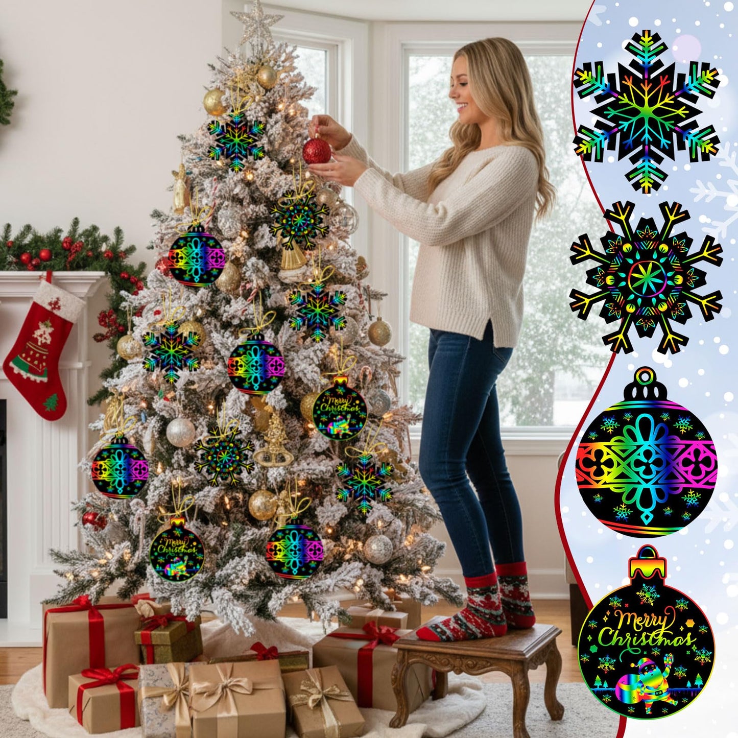 Yeaqee 80 Pcs Christmas Ornament Scratch Cards Christmas Scratch Paper Art with Drawing Sticks and Ribbons DIY Xmas Magic Paper for Winter Xmas Home Party DIY Activities (Snowflake)