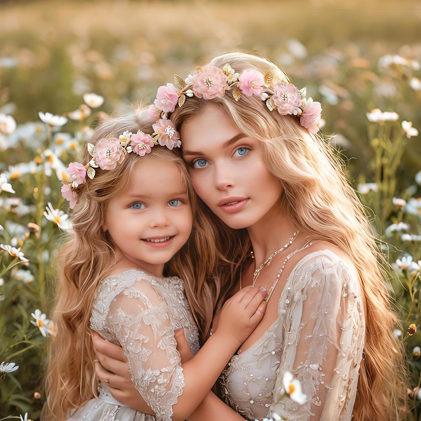 ZWLIYCHN Hot Pink Flower Crown Headband Adjustable Fairy Flower Crown with Golden Leaf Bohemia Floral Halo Headpiece Flower Garland Headband for Boho Wedding Flower Girl Maternity Photo Props