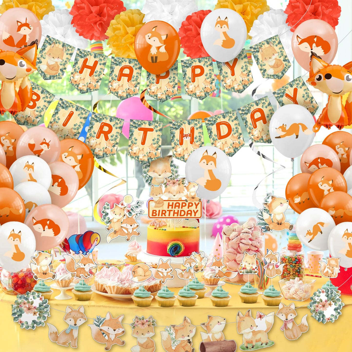 Outus 79 Pcs Fox Theme Birthday Party Decorations Woodland Fox Animal Supplies Kit Include Happy Birthday Banner Pom Pom Flowers Hanging Swirls Latex Balloons Cupcake Topper