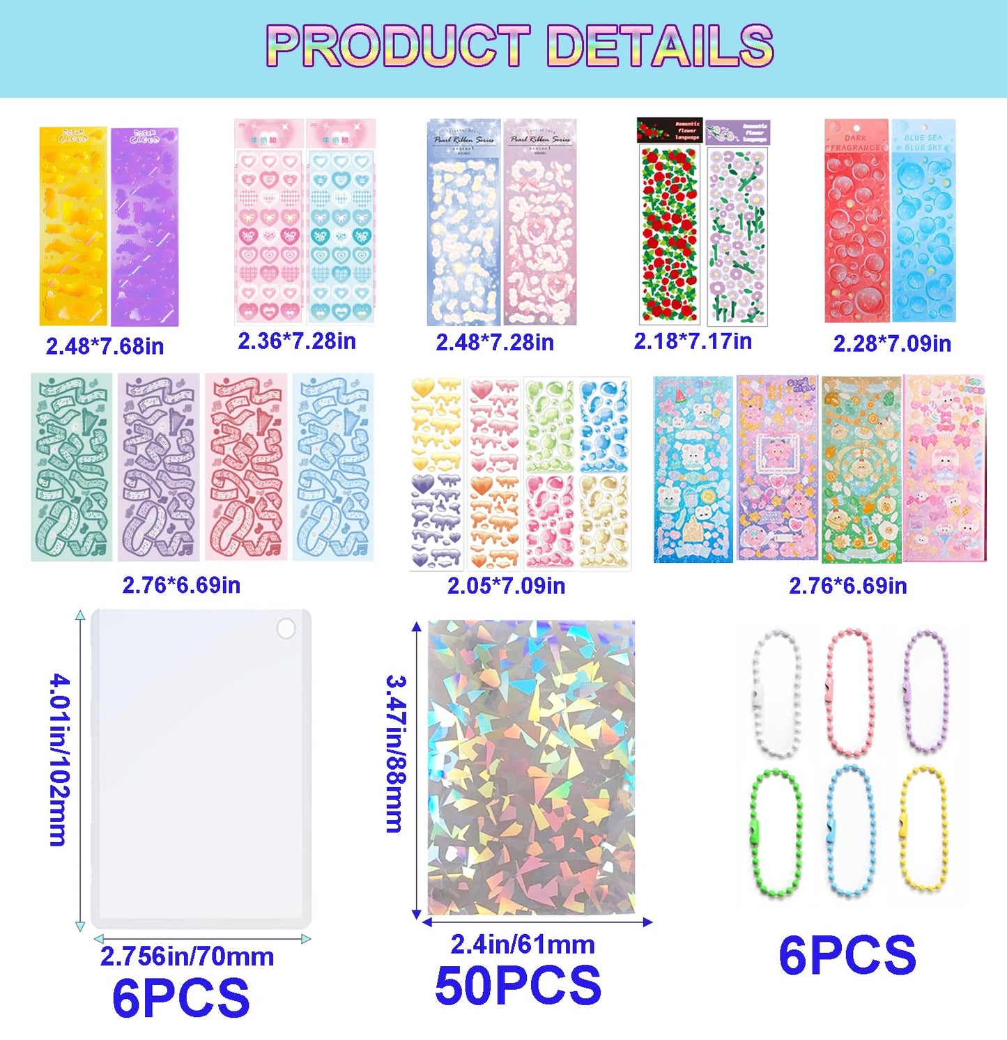 Lora Rossie 6 Kpop Photocard Holder Keychain Toploaders,50 Holographic Card Sleeves for Trading Cards Kpop Photocard,22 Ribbon Deco Korean Stickers for Photocards Binder Album Scrapbooking Top Loader