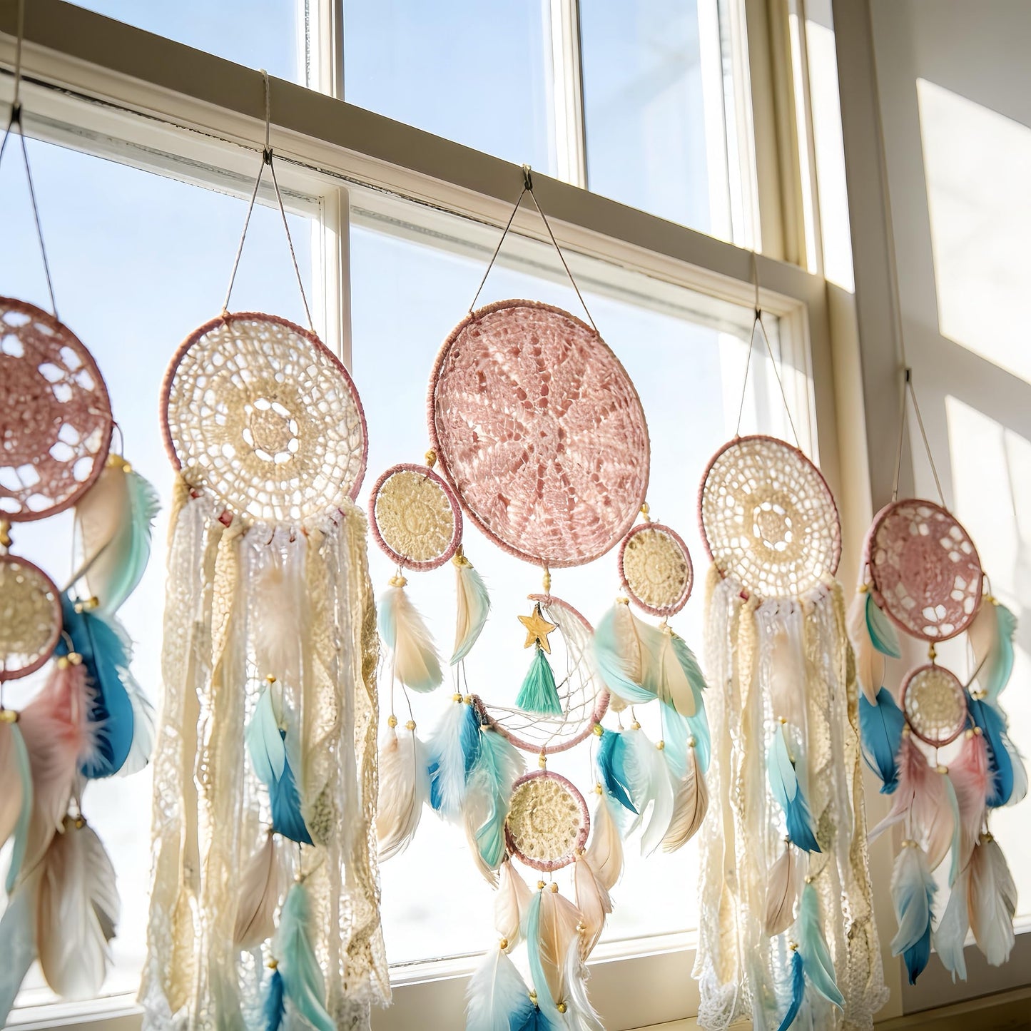 Handmade Dream Catchers Set of 5, Pink Boho Macrame Wall Hanging Decor for Women, Gift for Mother's Day, Birthday, Christmas, Housewarming, Nursery, Teen Girl Bedroom Aesthetic