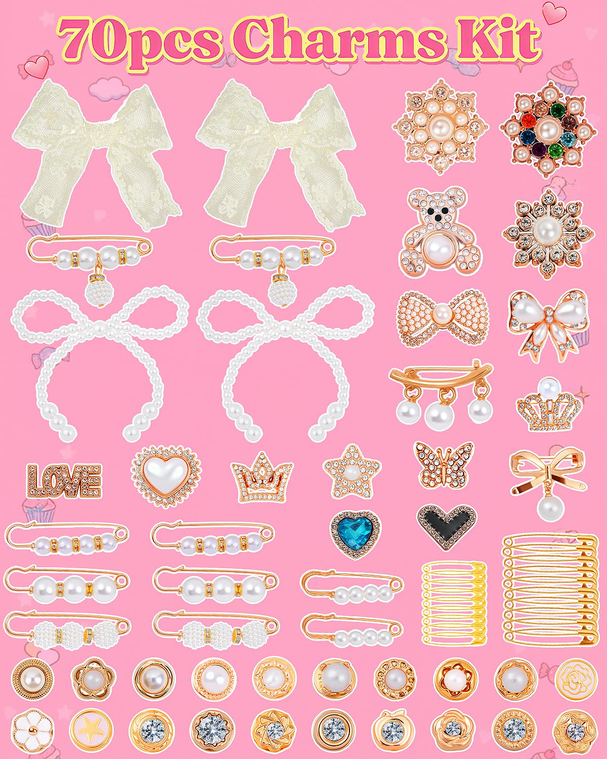 LovelyMoon 70 Pcs Junk Socks Charms Kit, Gold Brooches and Pins for Women, Pearl and Rhinestone Sock Charms with Safety Pins, DIY Accessories for Decorating and Personalizing Socks