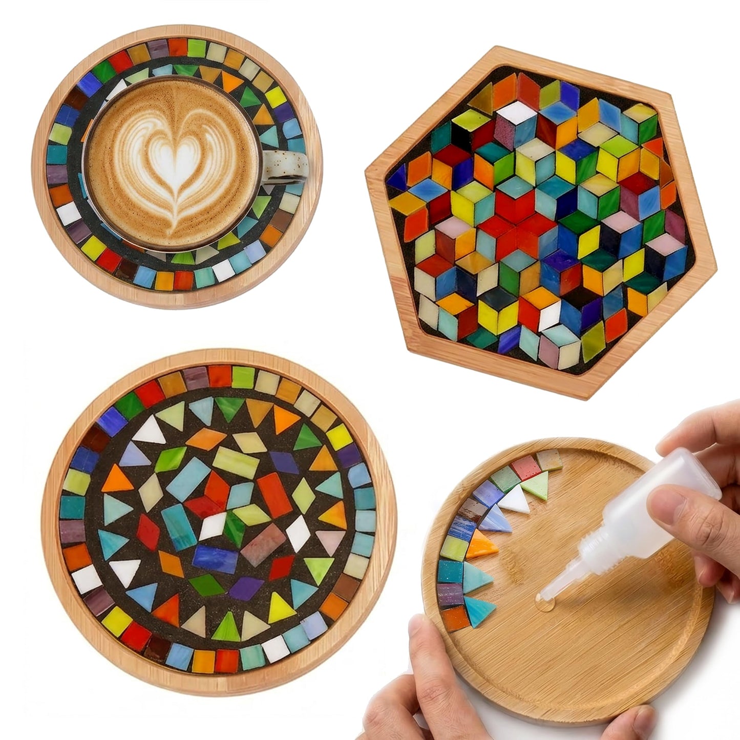 Nuyoach DIY Mosaic Tiles Crafts Kits for Adults, Mixed Stained Glass Mosaic Kit with 2 PCS Wooden Coaster Making Materials Package,Mosaic Adult Crafts for Women Beginners Handmade Home Decor Gifts