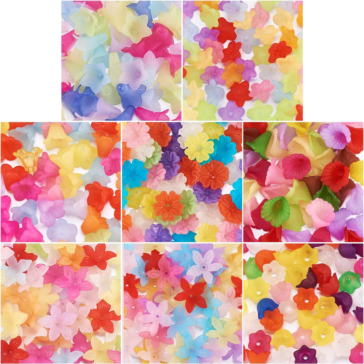 Pandahall 400pcs Mixed Acrylic Flower Beads Caps 8 Style Colorful Frosted Floral Spacer Loose Beads Lucite Beads Flower for Jewelry Making DIY Craft