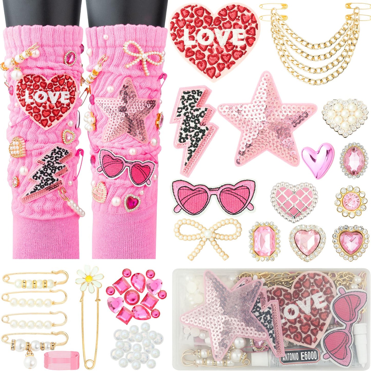 DoDoBeads 108 Pcs Junk Socks Charms Kit, Pink Shoe Charms for Sneakers, Pearl and Rhinestone Sock Charm with Safety Pins, DIY Accessories for Decorating and Personalizing Socks/Shoes/Hats/Bags