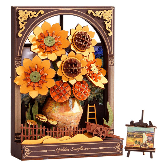 Wowood 3D Wooden Puzzles for Adults - Van Gogh Golden Sunflower DIY Model Building Kits with LED Light - Gifts for Mothers Day - Home Decor, Wall Art & Unique Creative Gifts for Art Lovers/Men/Women