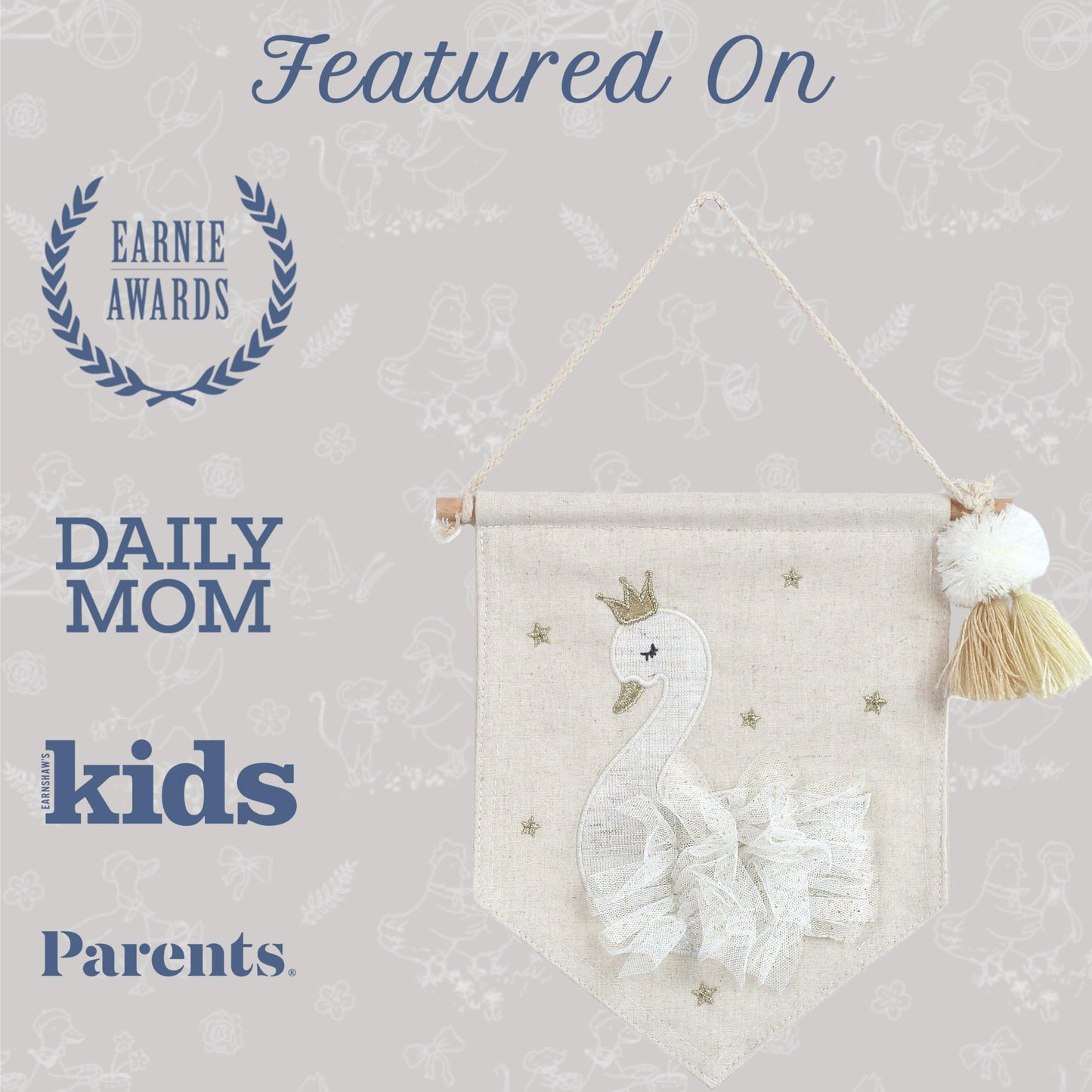 MON AMI Embroidered Swan Hanging Wall Canvas Banner | 10-Inch Plush Wall Décor for Nursery & Kids’ Room | Elegant Swan Design with Tassels | Whimsical Gift for Baby Showers & Birthdays