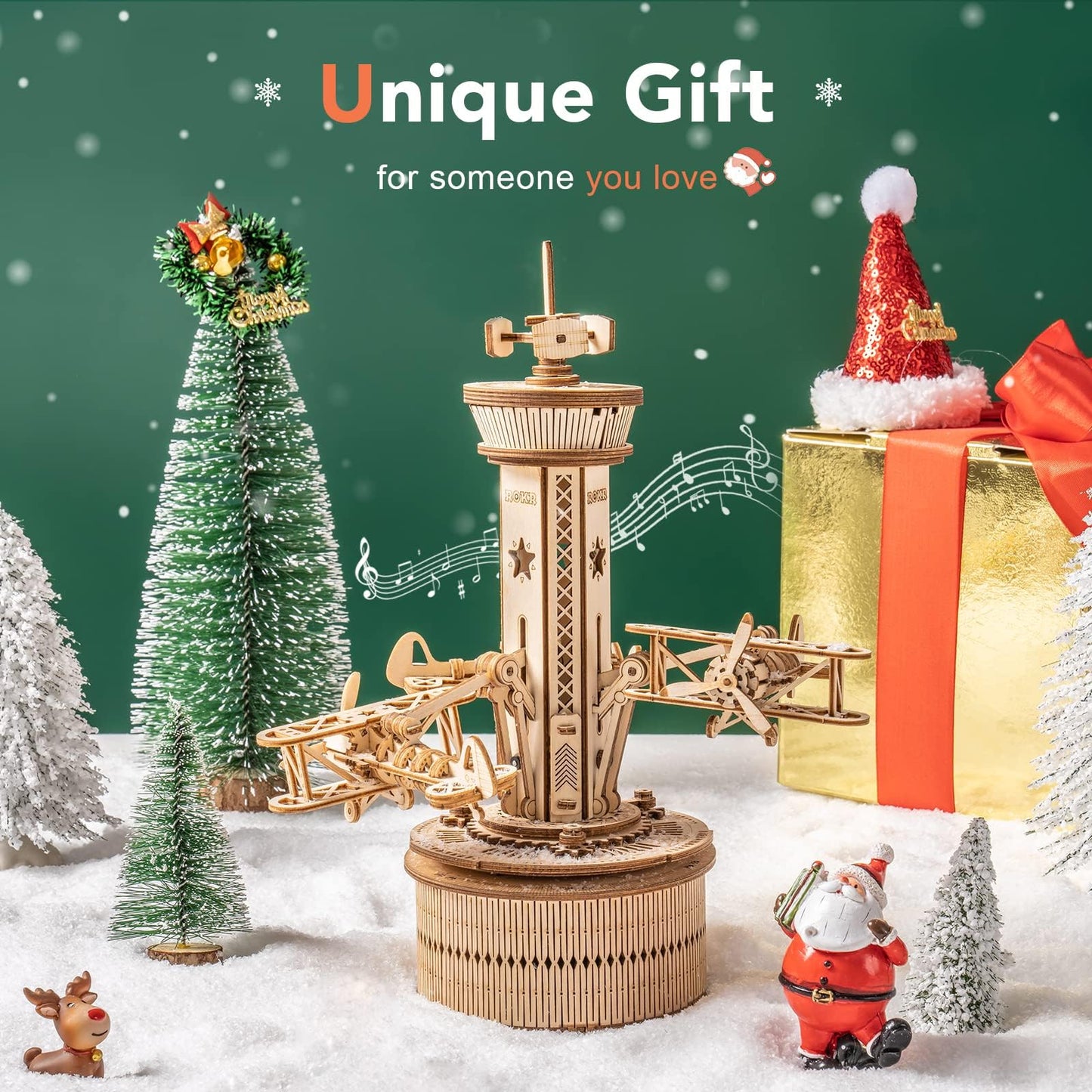 ROKR 3D Wooden Puzzle for Adults Airplane Tower Music Box - DIY Mechanical Model Building Kit 10", Birthday Gifts for Men/Women/Parents/Family