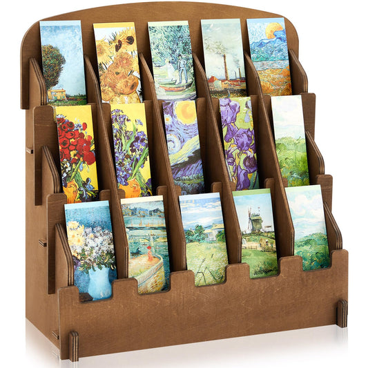 Yuntau Bookmark Display for 2.2'' Bookmark, Adjustable Dividers, Portable Sticker Holder, Curved Pockets Greeting Card Display for Business Vendor, Retail Store Shop(15 Pockets,Brown)