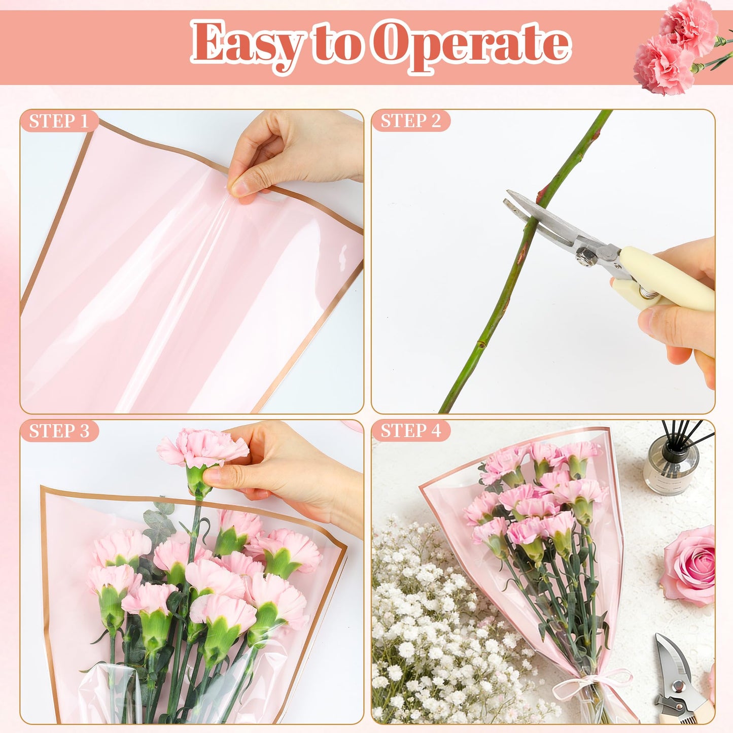 50 Sheets 18" x 11" Pink Flower Bouquet Wrapping Bags Plastic Paper Sleeves, Total 154Pcs RibbonsX3 Pruning ShearsX1 Card HolderX50 CardsX50 Floral Bouquets Bag for Flowers Bar Graduation Wedding