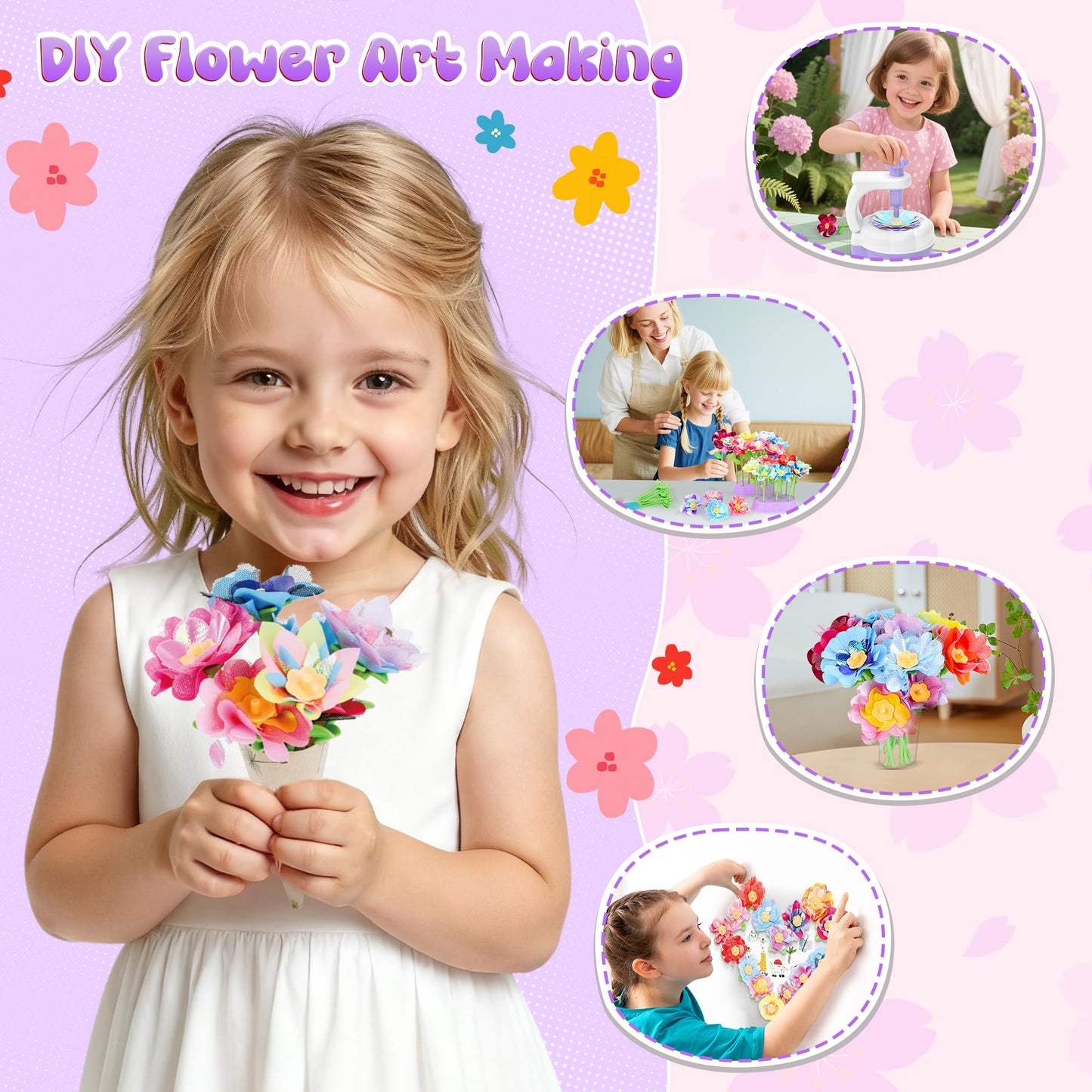 GirlsHome 300+PCS Fabric Flower Bouquets Toys, DIY Flower Making Kit for Kids, Reusable Arts and Crafts for Kids, 2 Gameplays STEM Educational Preschool Toy, Birthday Gifts for 3 4 5 6 7 8+ Years Old