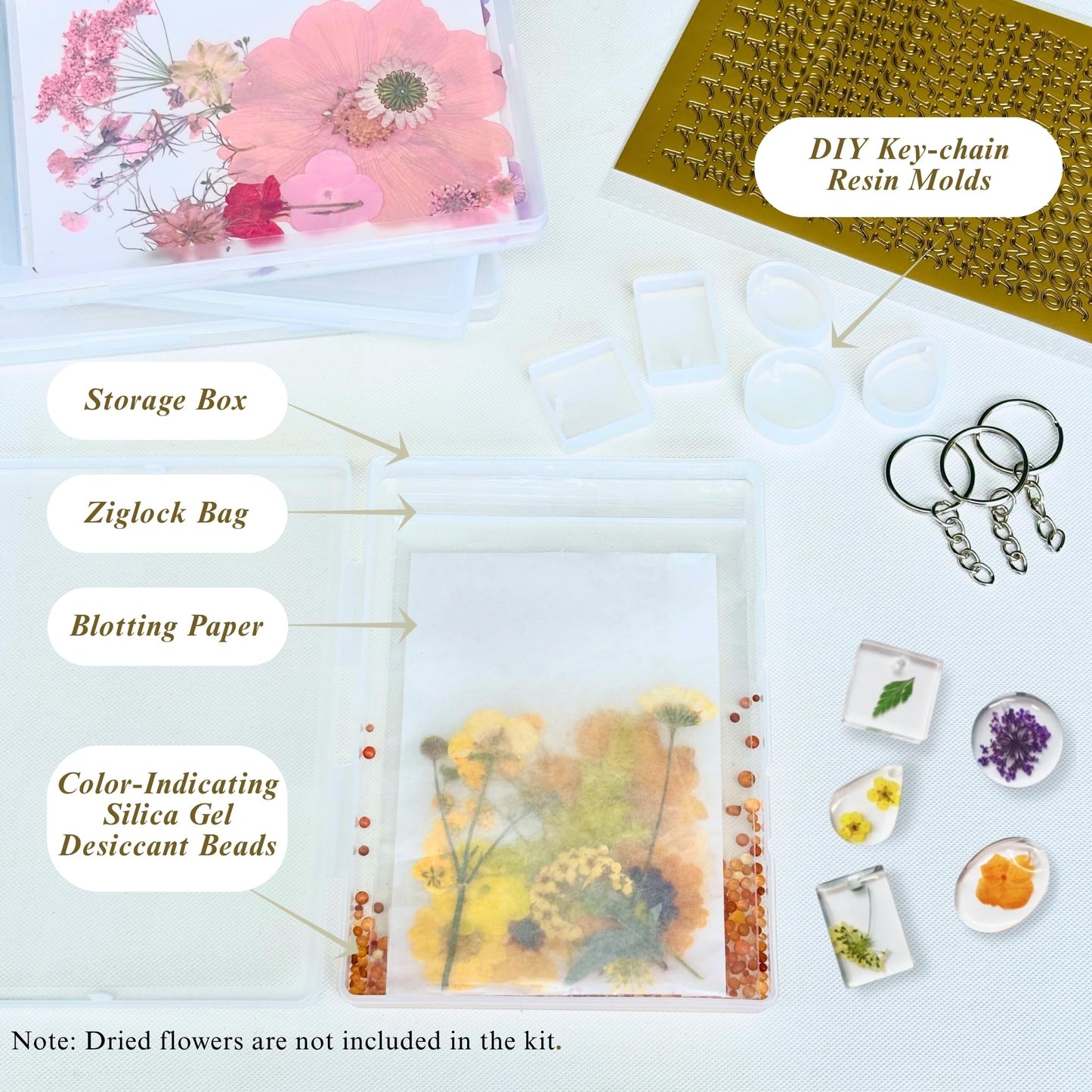 4PCS Dried Flower Storage Organizer Kit with DIY Keychain Resin Molds - Flower Preservation Kit with Blotting Paper, Ziplock Bag and Desiccant for Keep Seasonal Blooms & Wildflowers (6.1x4.4 inch)