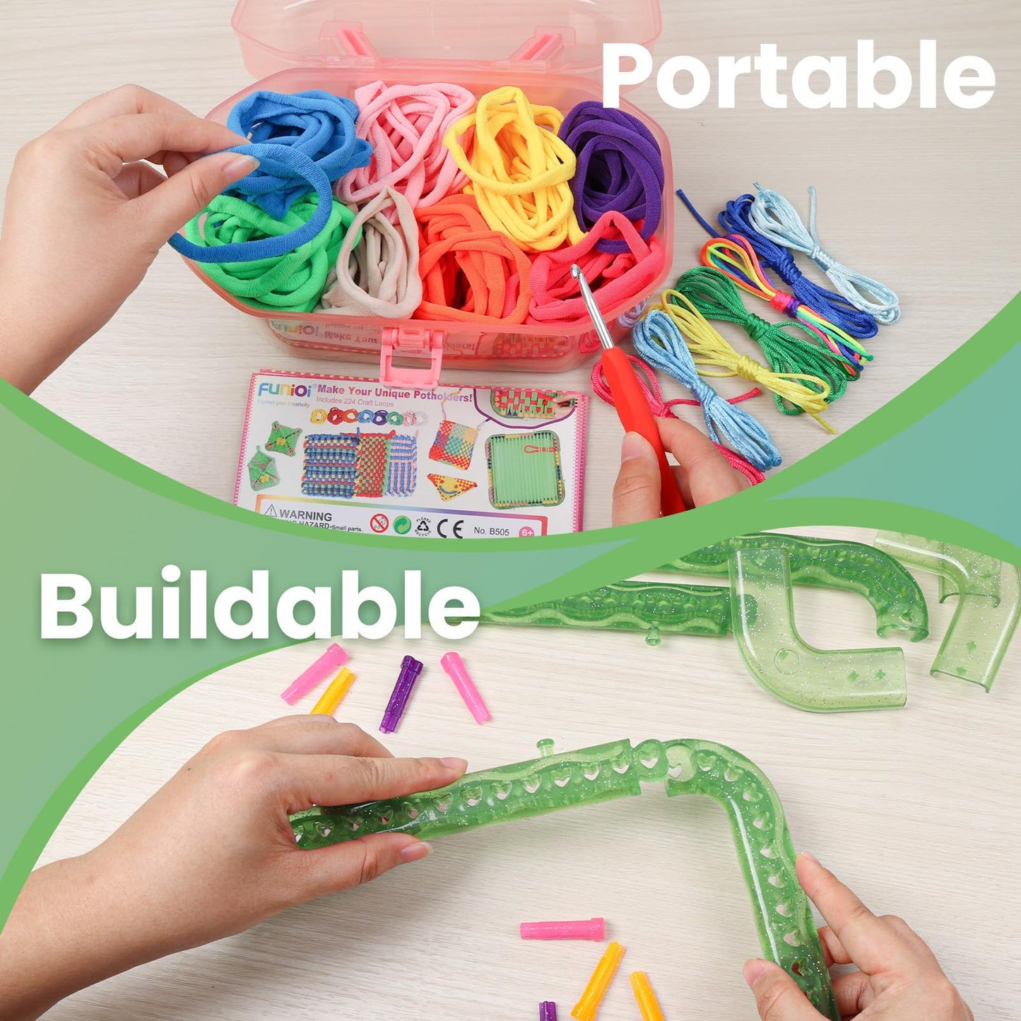 FUNiOi Weaving Loom Kit Toys for Kids, DIY Crafts Projects of 6 Potholders and 10 Friendship Bracelets, 2-in-1 Square Buildable Loom Knitting Kits, Gift Ideas for Girls 6-12 Years Old
