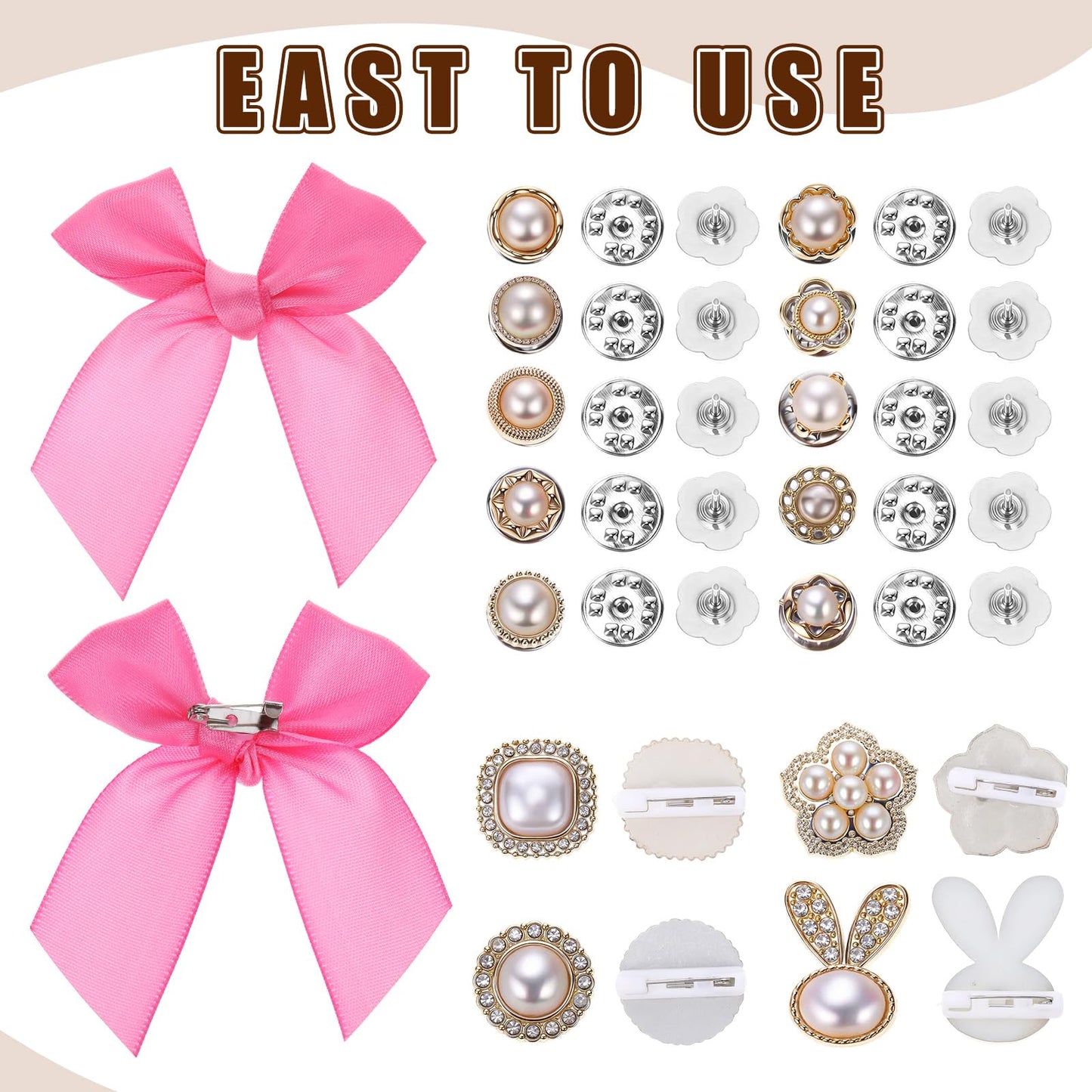 Trnayi 120 Pcs Junk Socks Charms Kit, Gold Brooches and Pins for Women Christmas Gifts, Pearl and Gems Bows Shoe Charms with Safety Pins for DIY Hat Clothes Bags(Pink,Stylish)