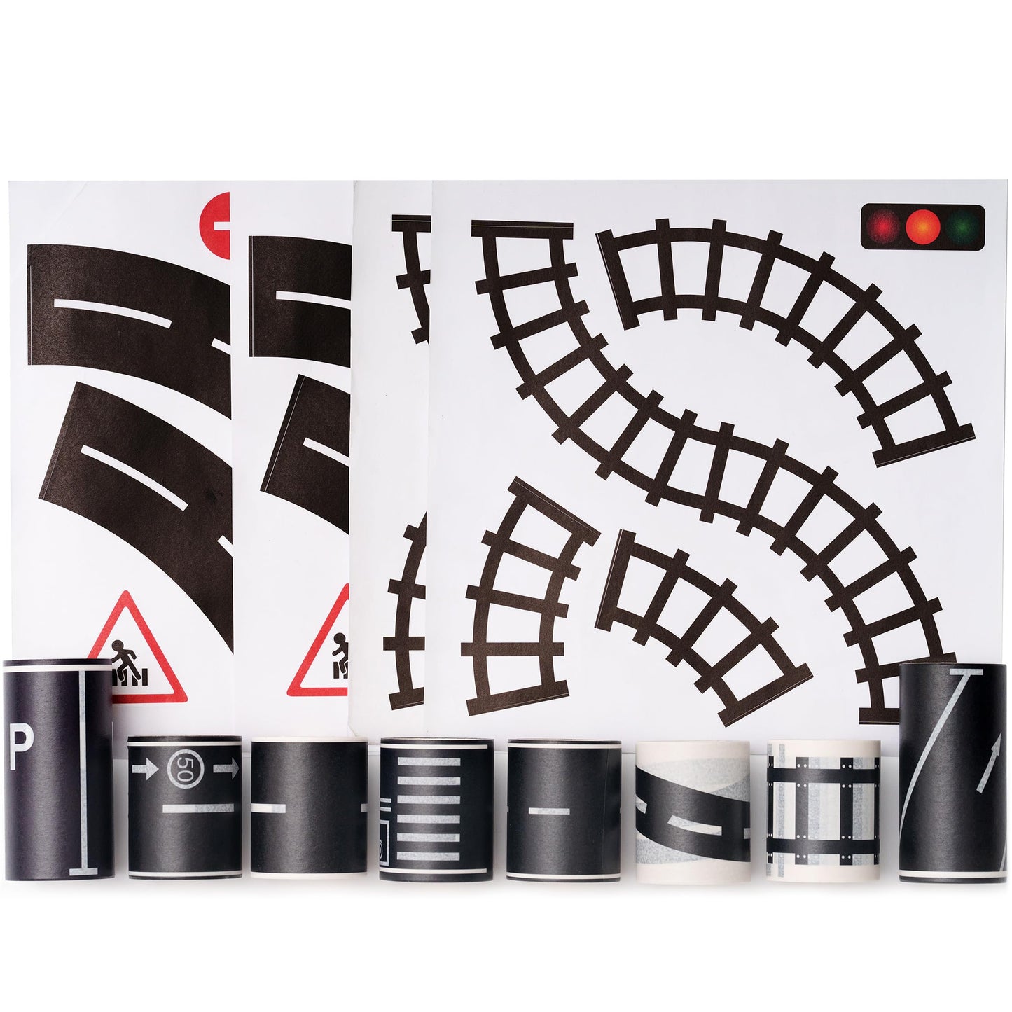 MAGLITT Road Tapes & Curves Stickers Set 8 Rolls Black Highway Tapes Traffic Decorative Masking Tape for Toy Cars, Vehicles Kits, Kids Party Gift