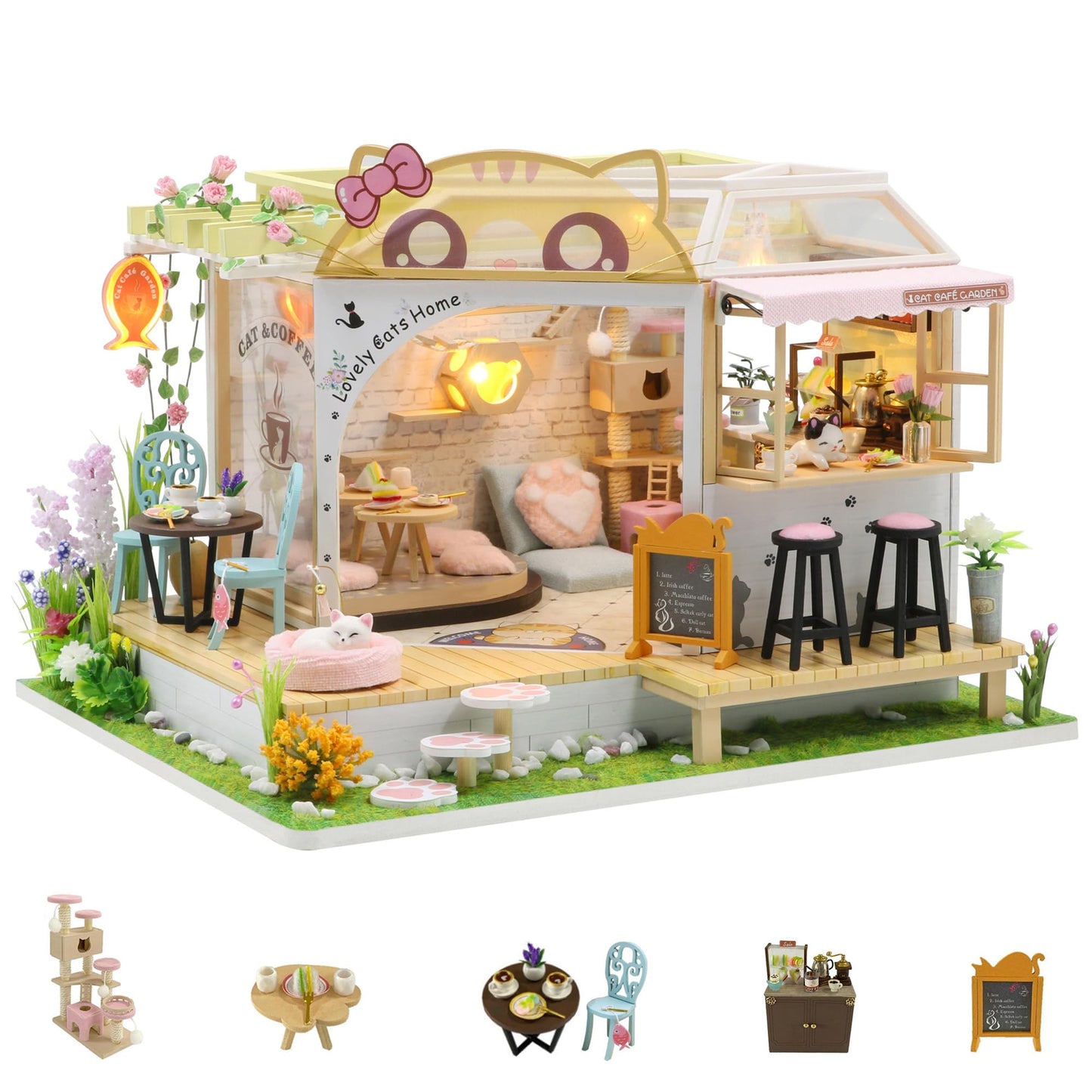 Kisoy Dollhouse Miniature with Furniture Kit, Handmade DIY House Model for Teens Adult Gift (Cat Cafe Garden)