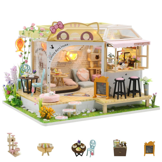 Kisoy Dollhouse Miniature with Furniture Kit, Handmade DIY House Model for Teens Adult Gift (Cat Cafe Garden)