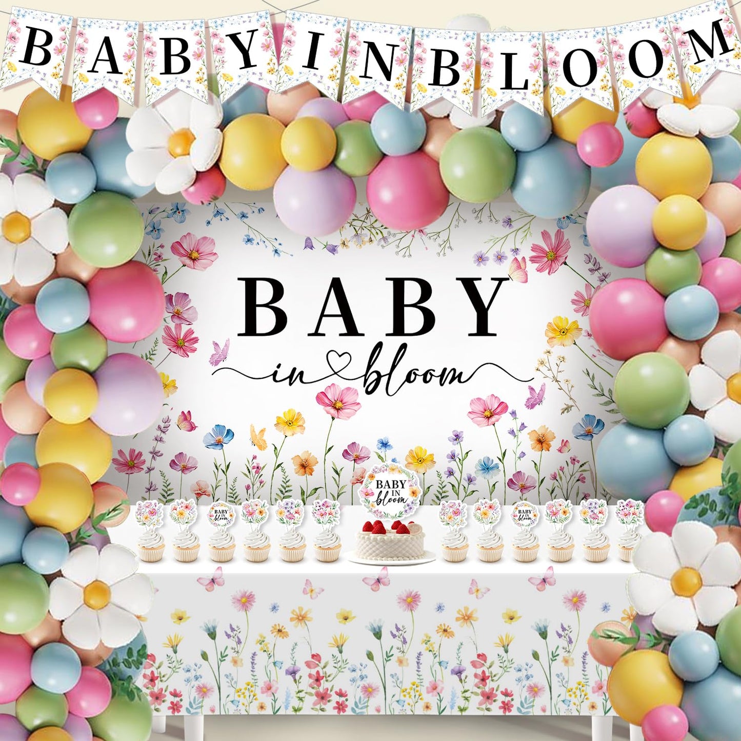 Baby in Bloom Baby Shower Decorations for Girl - 92pcs Balloons Garland Kit, Baby in Bloom Banner, Backdrop, Floral Tablecloth, Daisy Balloons, Cake and Cupcake Toppers