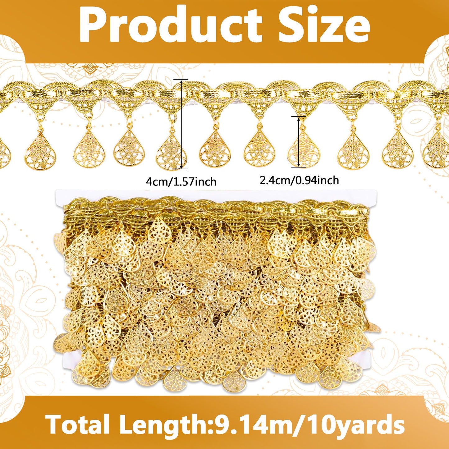 10 Yards Gold Water Droplet Shape Sequin Tassel Trim, 1.57 Inch Width Sequins Lace Tassel Fringe Trim, Sequins Lace Ribbon Fringe for Dance Dress Belt Costume Handbags Decorations Party Accessories