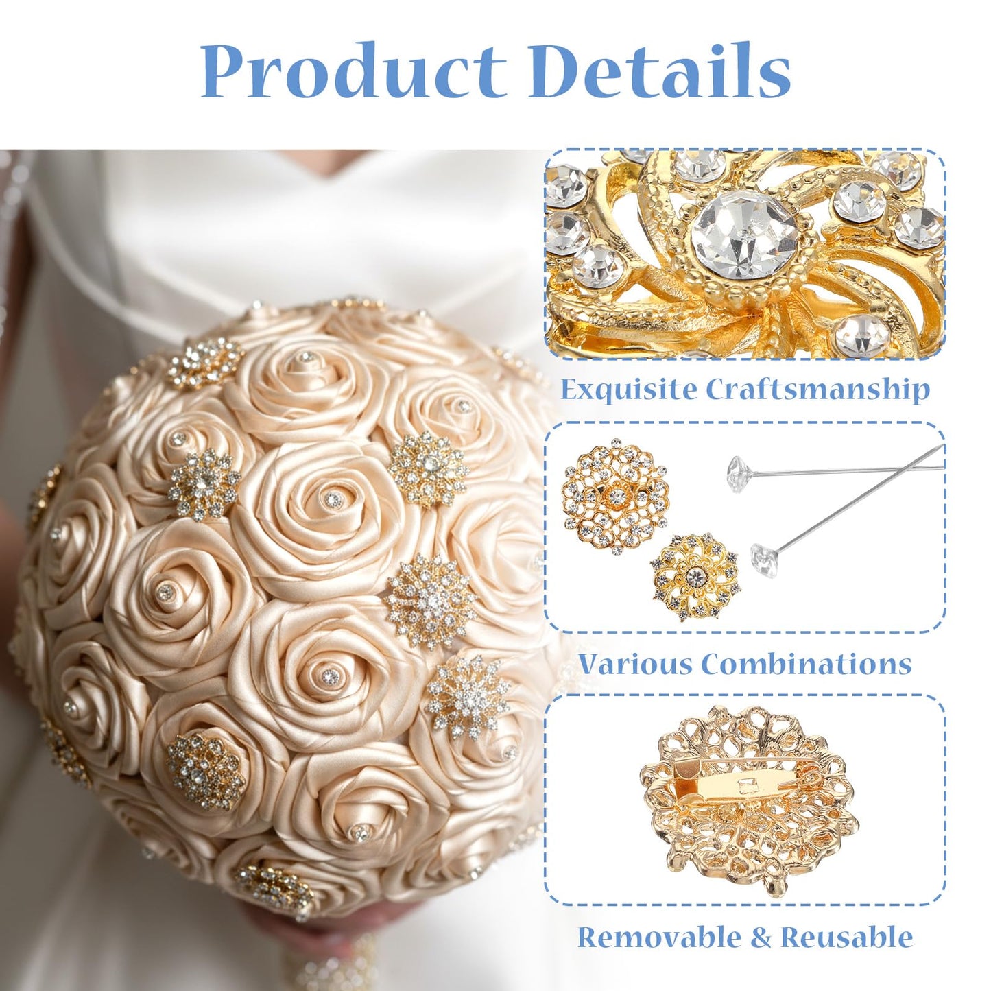 Gold Bouquet Pins Set, 36 PCS Rhinestone Flower Brooches & 100 PCS Crystal Stick Pins for Wedding Bouquet, Corsage, Boutonniere, DIY Craft Embellishments, Wedding Decor Supplies