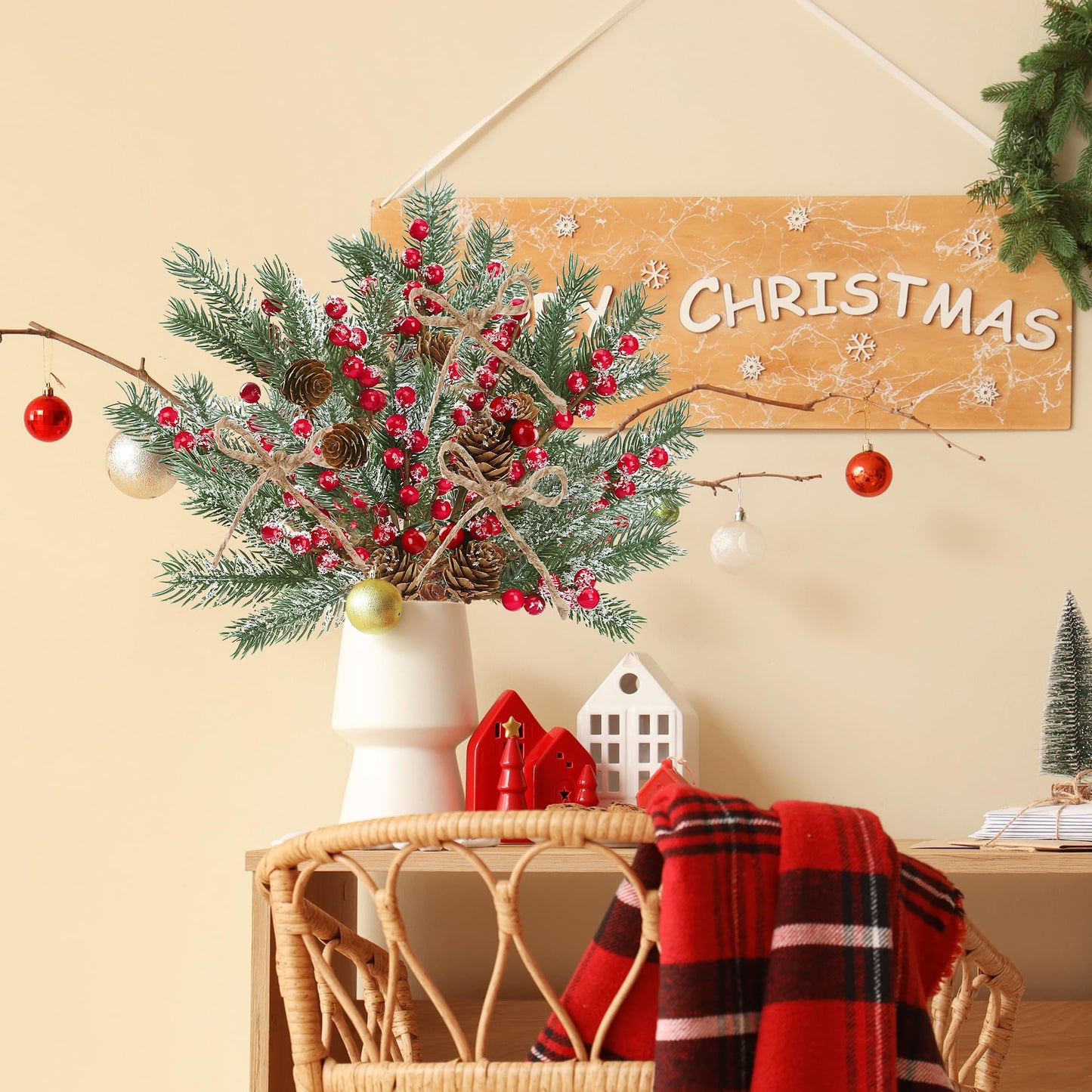 Sggvecsy 15 Pack Snow Frosted Christmas Berries Pine Picks Artificial Red Berry Pine Branches Frosted Faux Pine Stem with Pine Cones Fake Pine Needles for Xmas Tree Wreath DIY Craft Holiday Decor
