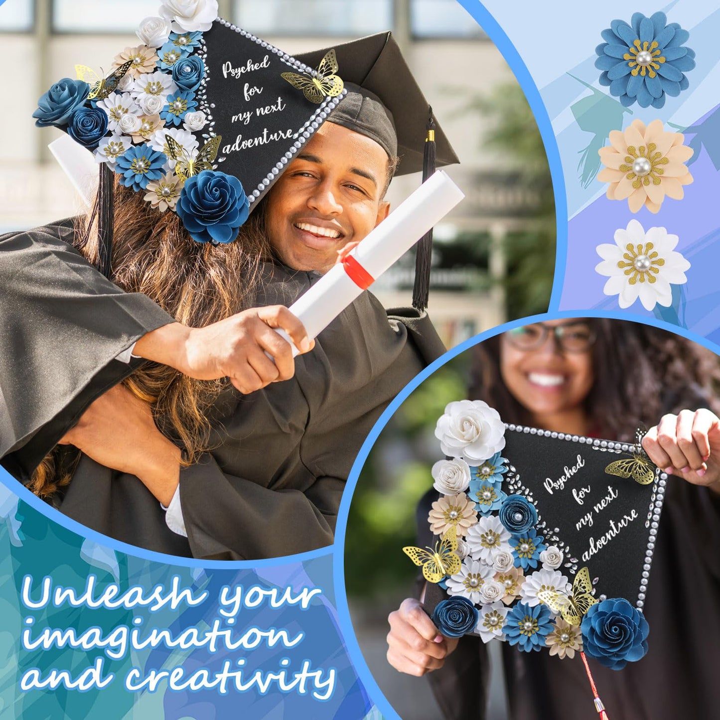 Thiccywoov 43 Pcs Graduation Cap Decorations Kit Includes Artificial Flowers Faux Flower Heads 3D Butterfly Stickers Pearl Rhinestones Glitter Stickers for Grad Cap Topper DIY Graduation Gift(Blue)