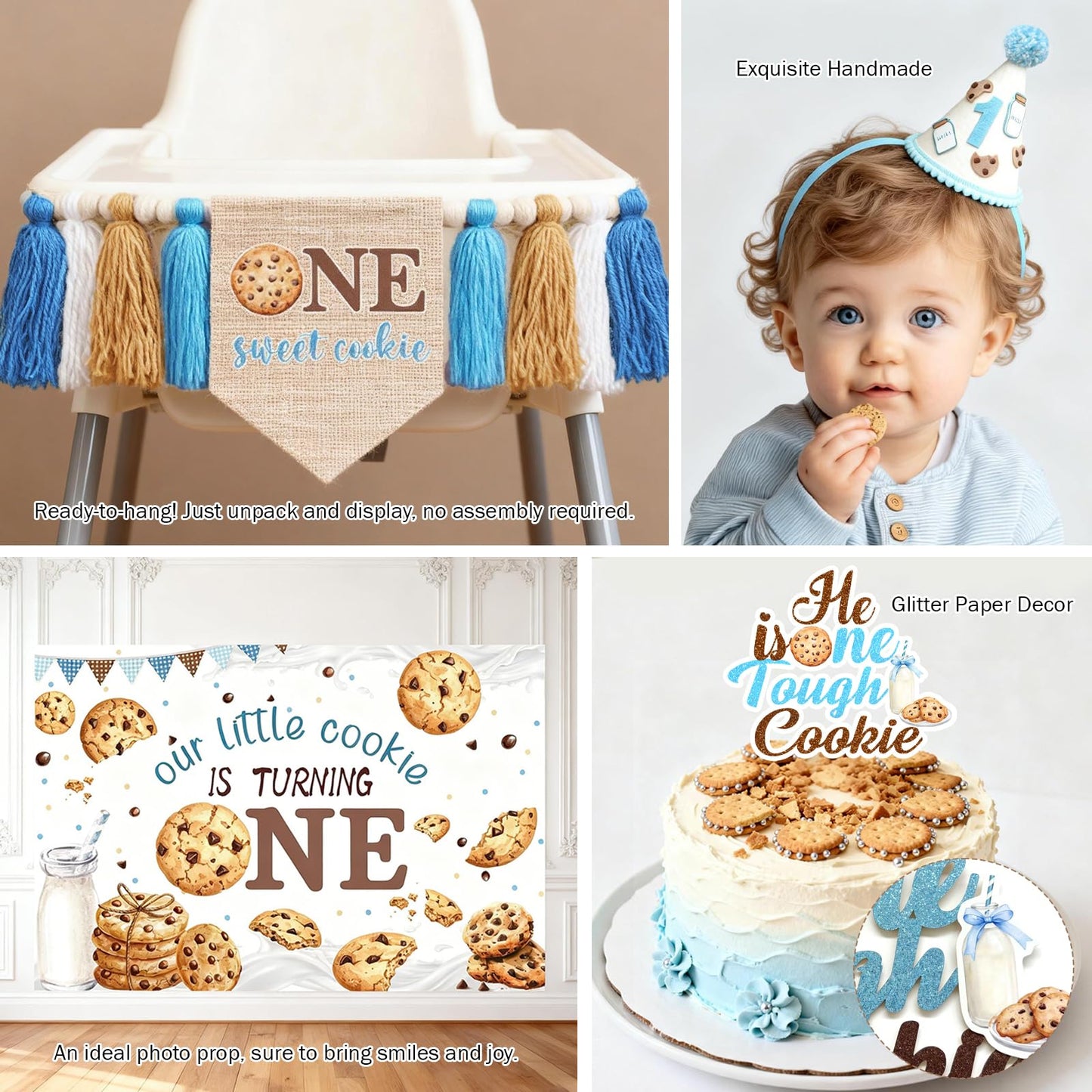 Costova Milk and Cookies 1st Birthday Decorations, 106 PCs One Sweet Cookie Birthday Supplies with Backdrop, Balloon Garland, Cake Topper, Hat for One Year Old Boy Party