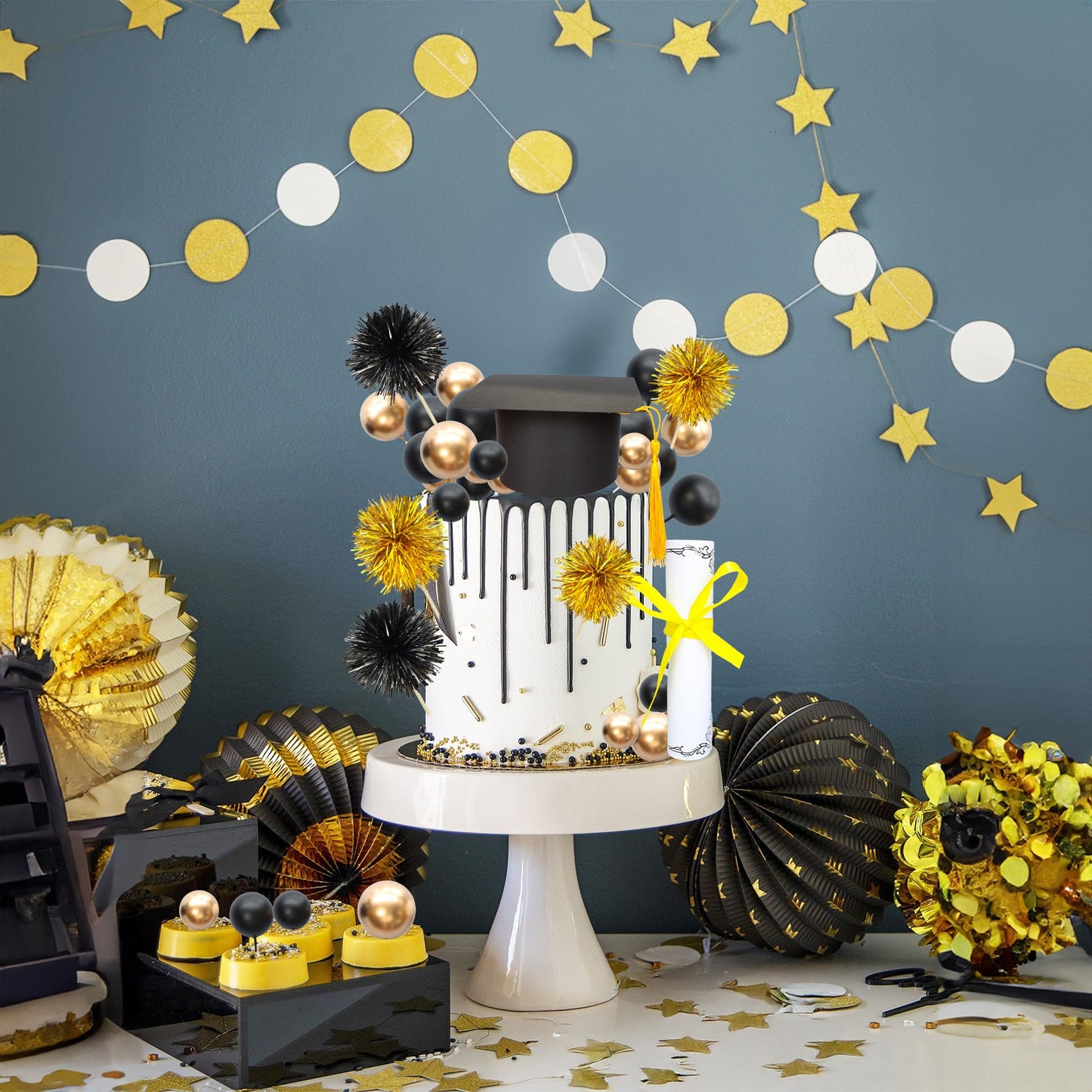 Gyufise 42Pcs 2026 Graduation Cake Kit Diploma Grad Cap Cake Pick Balloon Tassel Firework Cupcake Toppers Prom 2026 Cake Decorations for Class of 2026 Congrats Grad Party Supplies Black Gold