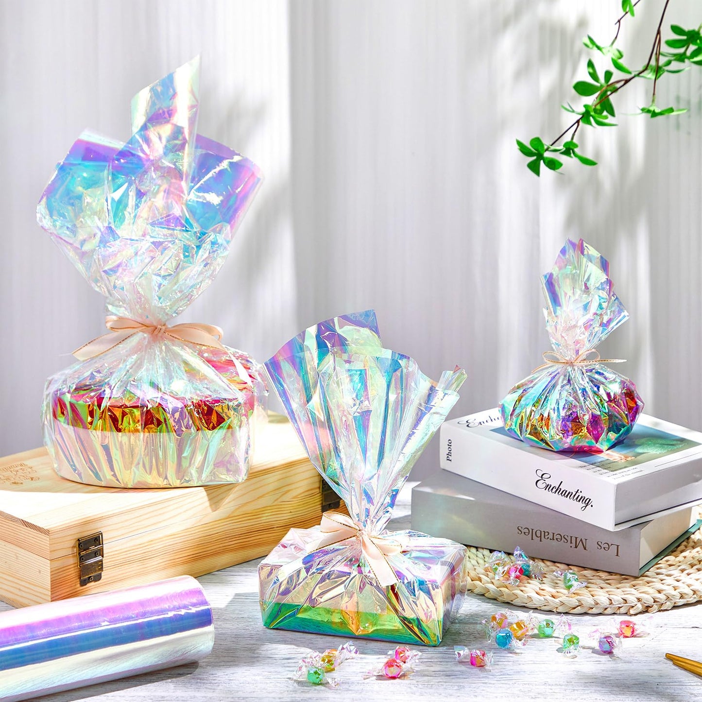 Seajan 31.5 in x 200 ft Iridescent Cellophane Wrap Roll, Rainbow Wrapping Paper Holographic Cellophane Wrap for Baskets Flower Bouquet Christmas DIY Treats Gifts Wrapping(Red and Golden Iridescence)