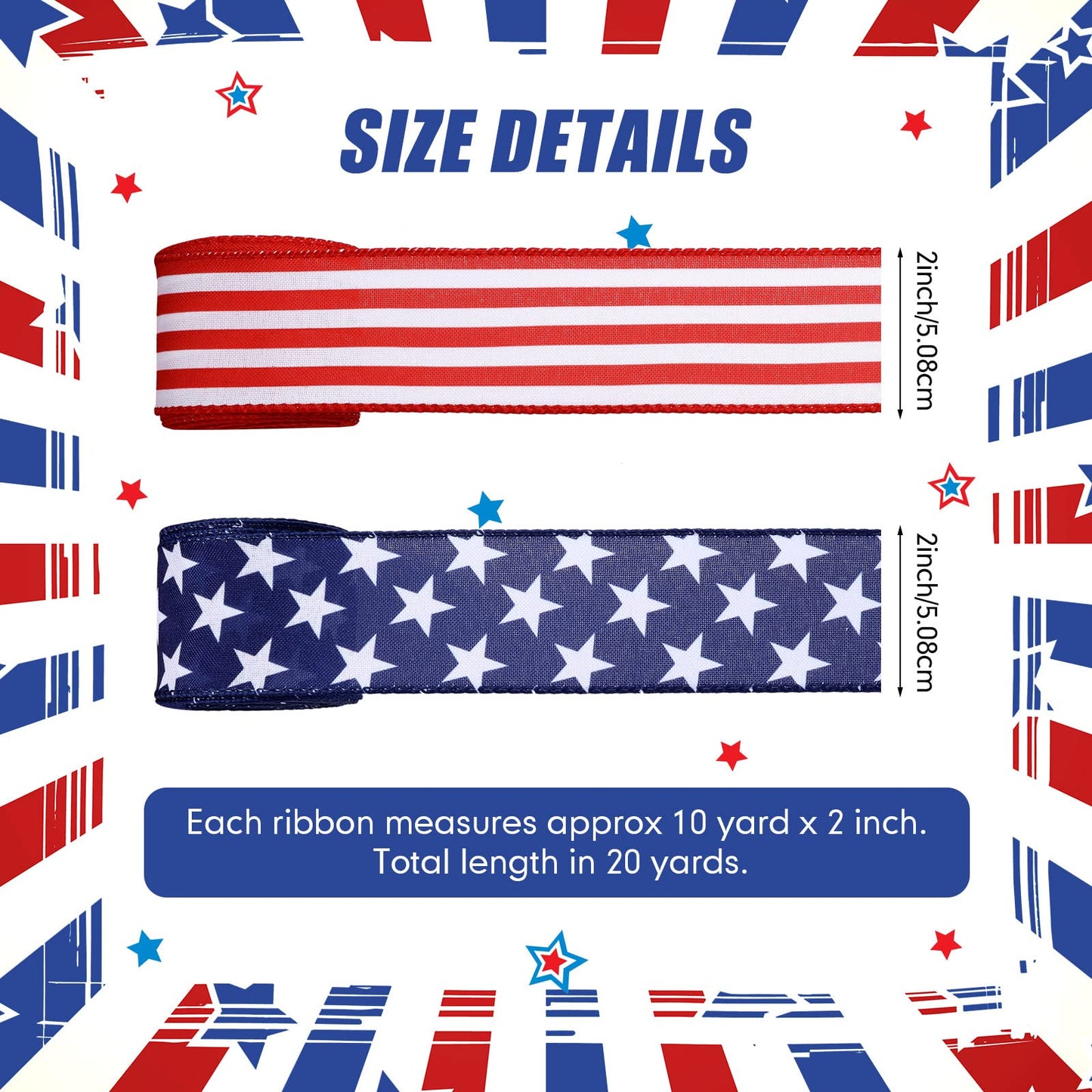 Hoteam 250th Anniversary 2 Rolls 20 Yard Red White and Blue Ribbon Patriotic Star and Striped Wired Royal USA Ribbon DIY Crafts for Xmas Holiday Decor(2 Inch,Red, Beige, White, Blue)