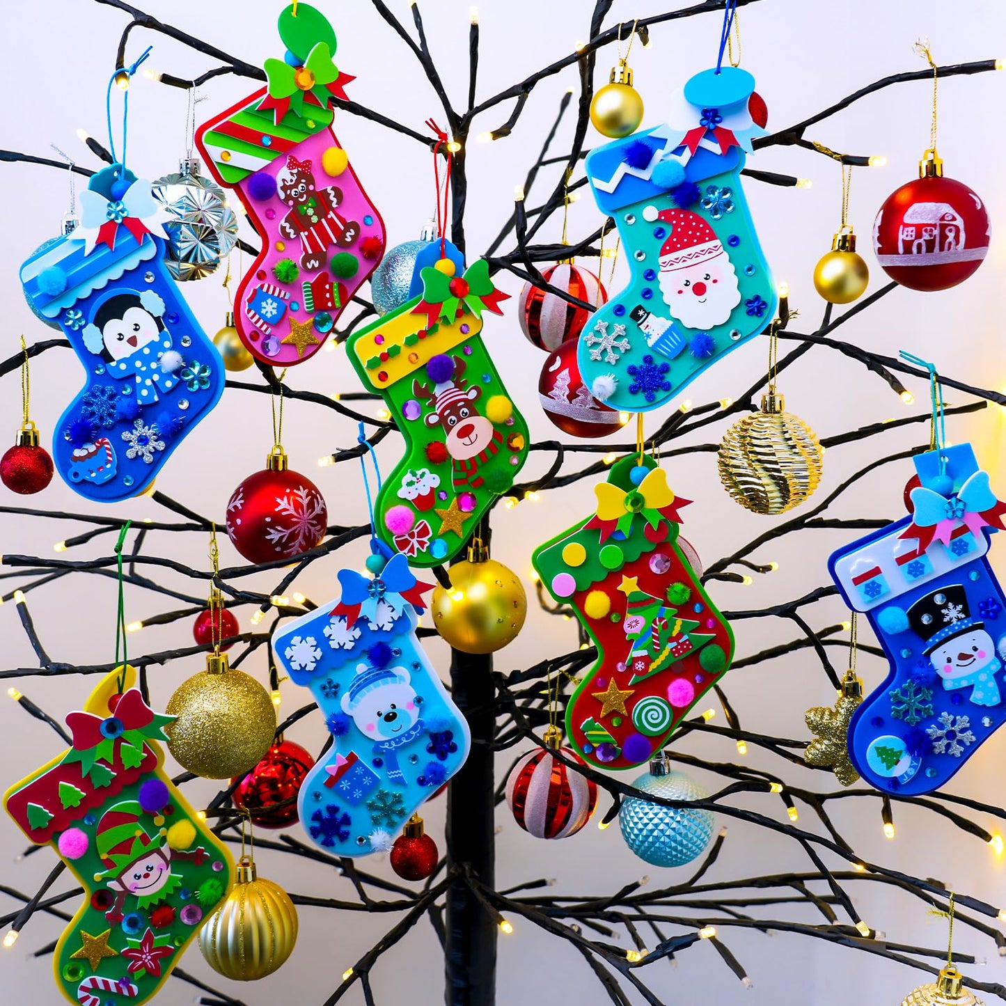 Winlyn 24 Sets Christmas Decorations DIY 3D Stocking Tree Ornaments Winter Crafts Kits Foam Stocking with Festive Foam Stickers for Kids Holiday Seasonal Gift Home Classroom Activities Party Favors