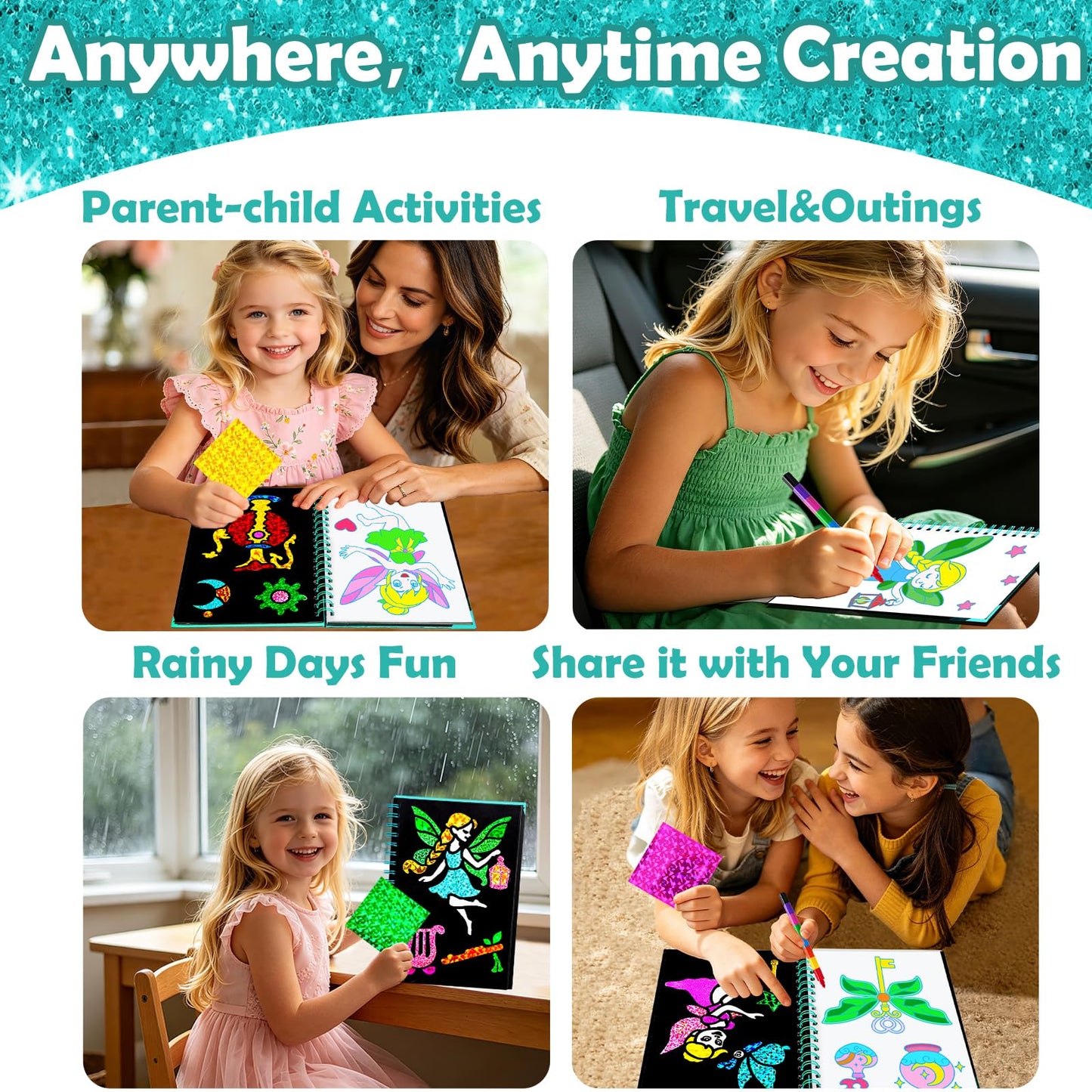 FUNNYB&G Foil Art Craft Kit for Girls 4-10 Years Old: Mess-Free & No-Glue, Create 16 Sparkly Fairy Pictures – Perfect Travel Toy & Birthday Gift for Kids（Fairy）