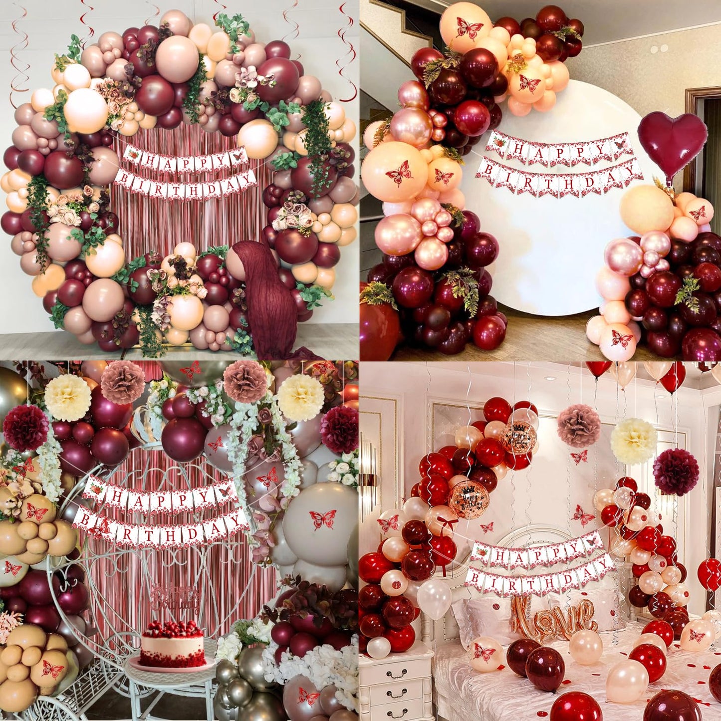 Burgundy Rose Gold Birthday Decorations with Happy Birthday Banner, Balloons, Sash, Crown, Butterfly, Hanging Swirls, Flower Tablecloth, Fringe Curtain, Pompoms for Women Girls Party Backdrop Supplies