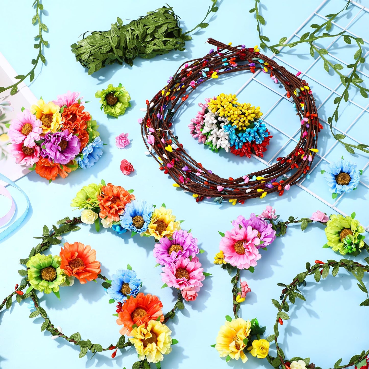 Suncalla 30 Sets Flower Crowns Making Kit, Make Your Own Flower Crown Wreath Garland Headbands and Bracelets Craft Kit Handmade DIY Floral Hair Accessories Gift for Women(Azalea)