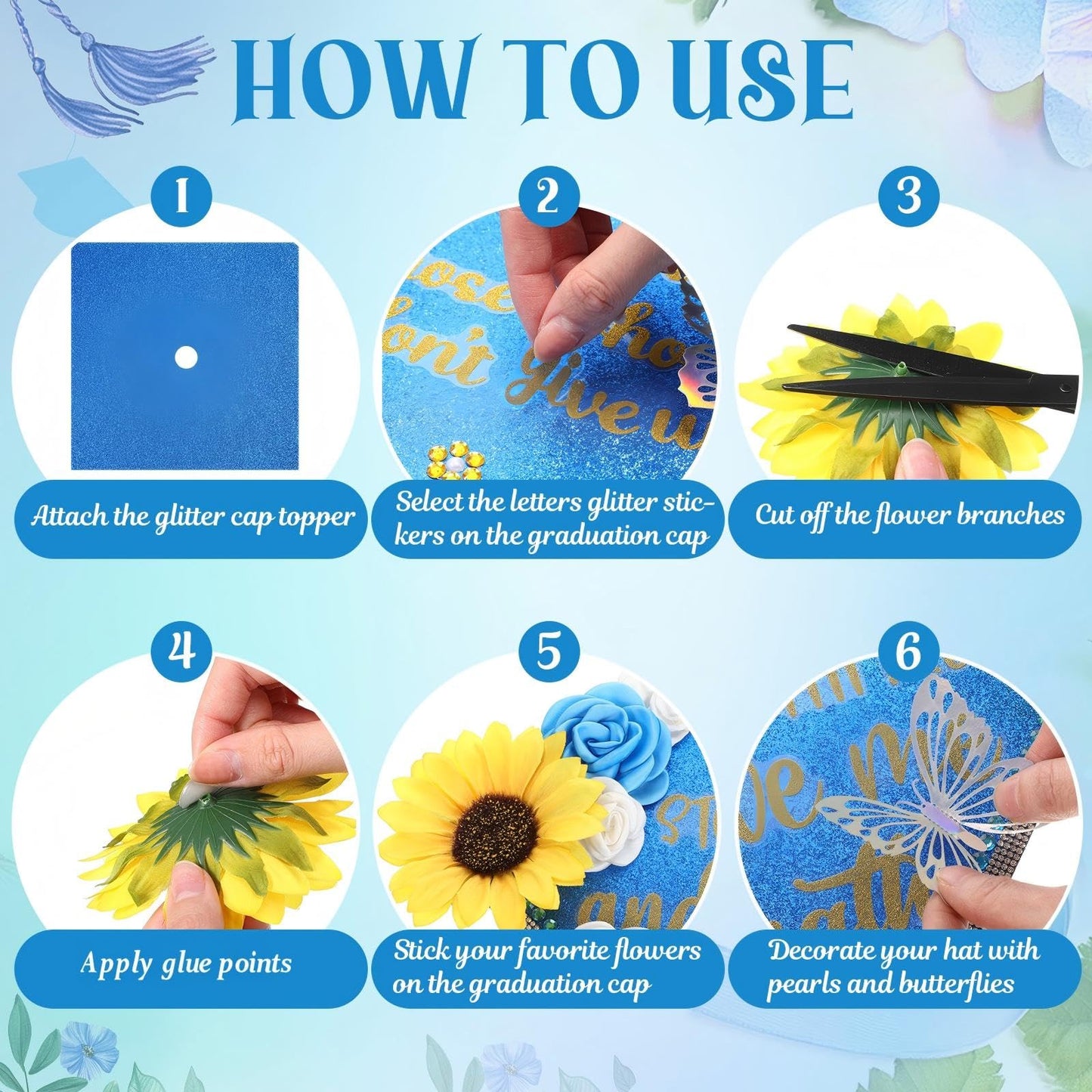 Gersoniel 45 Pcs DIY Graduation Cap Decorations Kit with Faux Flower Heads Graduation Quote Glitter Sticker Bow 3D Butterfly Rhinestone Pearl Stickers for Grad Cap Topper Art Craft Gift Decor(Blue)