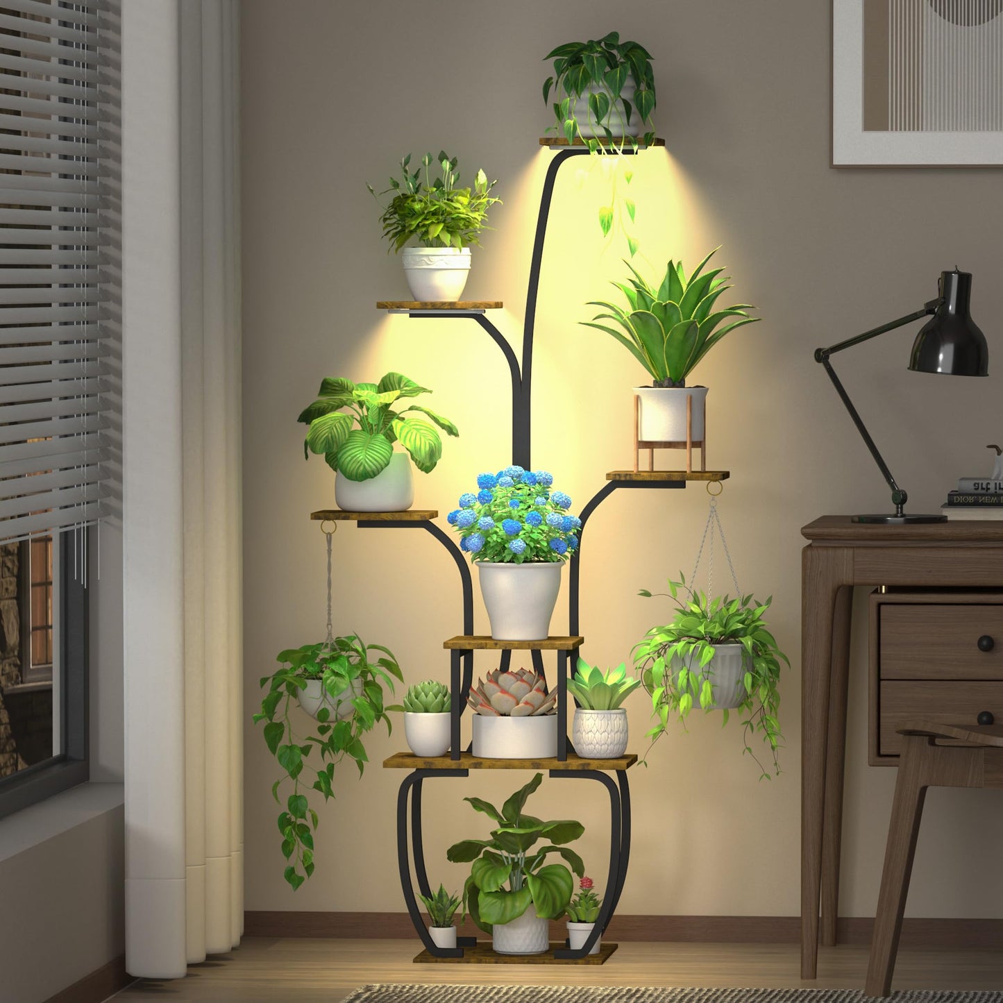 YIIHEERR Plant Stand Indoor with Grow Lights, 7 Tiered 55" Tall Plant Shelf, Heavy Duty Metal Corner Flower Pot Holder Rack, Multi-Tiered Display Organizer with Gardening Tools