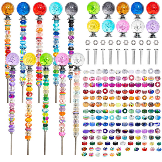 Dceyoril 230pcs Beaded Garden Stakes Kit Fairy Garden Stakes Includes 10 Colorful Crystal Top 200 Round Colorful Bead 10 Stainless Steel Threaded Rods and Nuts for Outdoor Decoration(Bubble Style)