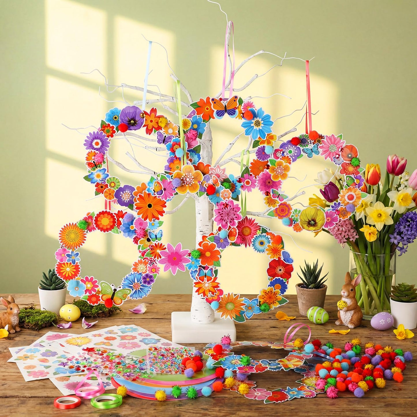 Hollowfly 48 Sets Flower Wreath Craft Kits DIY Summer Hanging Ornaments Decoration Make Your Own Floral Paper Craft with Stickers for Spring Summer Party Favors Seasonal Activities Supplies