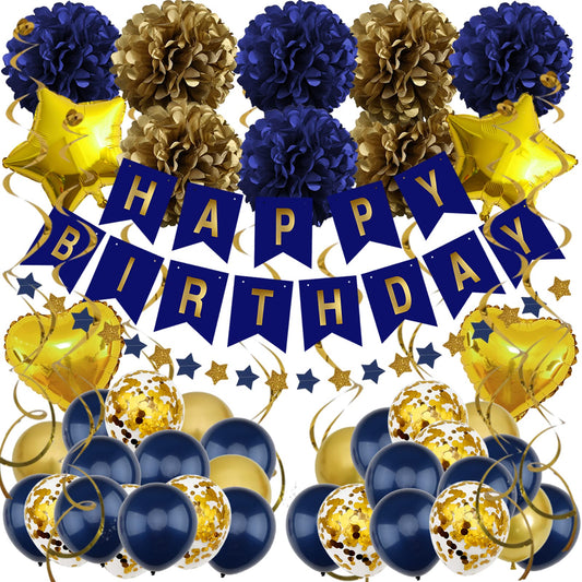 ZERODECO Birthday Decorations - Navy Blue Gold Party Decorations with Banner, Pompoms, Balloons for Boys, Girls, Men, Women