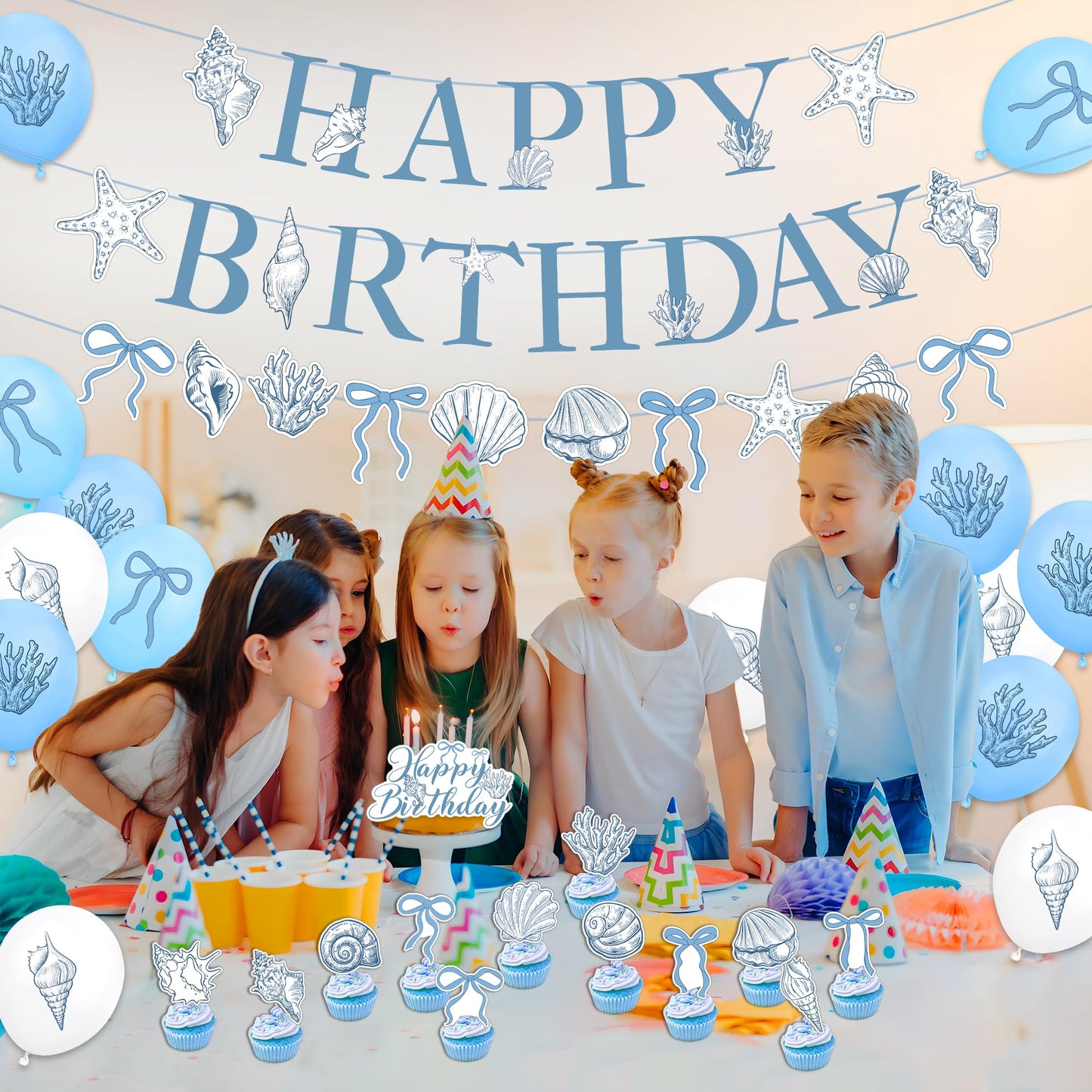 Blue Bow Starfish and Seashell Garland Ocean Coastal Nautical Beach Party Under The Sea Paper Bow Hanging Banner Cake Cupcake Toppers and Balloons for Summer Birthday Wedding Baby Shower Decro